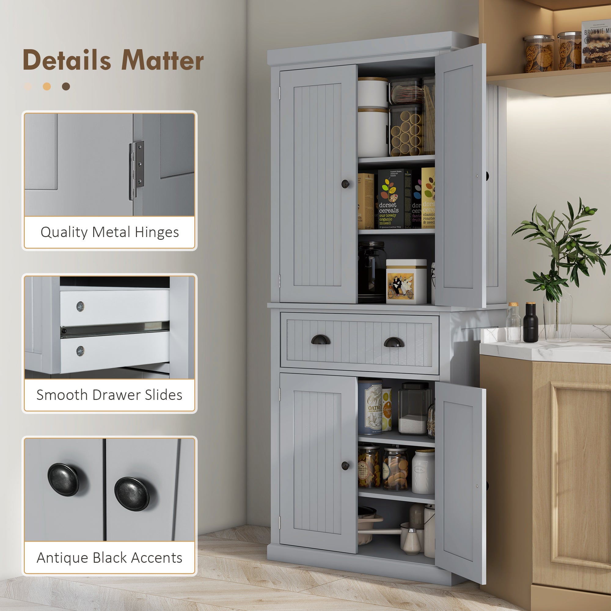 HOMCOM 183cm Freestanding Kitchen Cupboard, Tall Storage Cabinet with 4 Doors and 3 Adjustable Shelves, Traditional Kitchen Pantry Cupboard for Dining Room, Grey