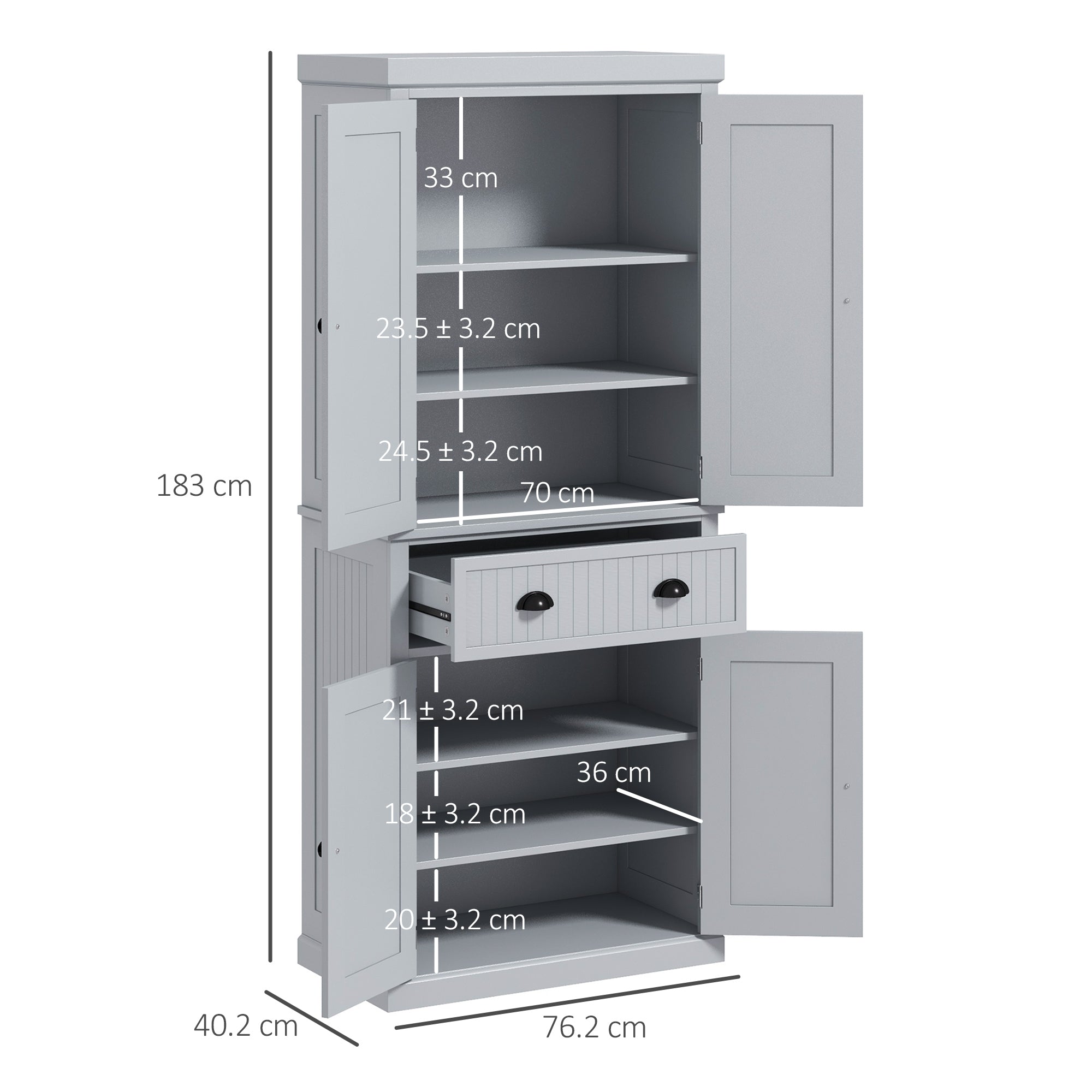 HOMCOM 183cm Freestanding Kitchen Cupboard, Tall Storage Cabinet with 4 Doors and 3 Adjustable Shelves, Traditional Kitchen Pantry Cupboard for Dining Room, Grey