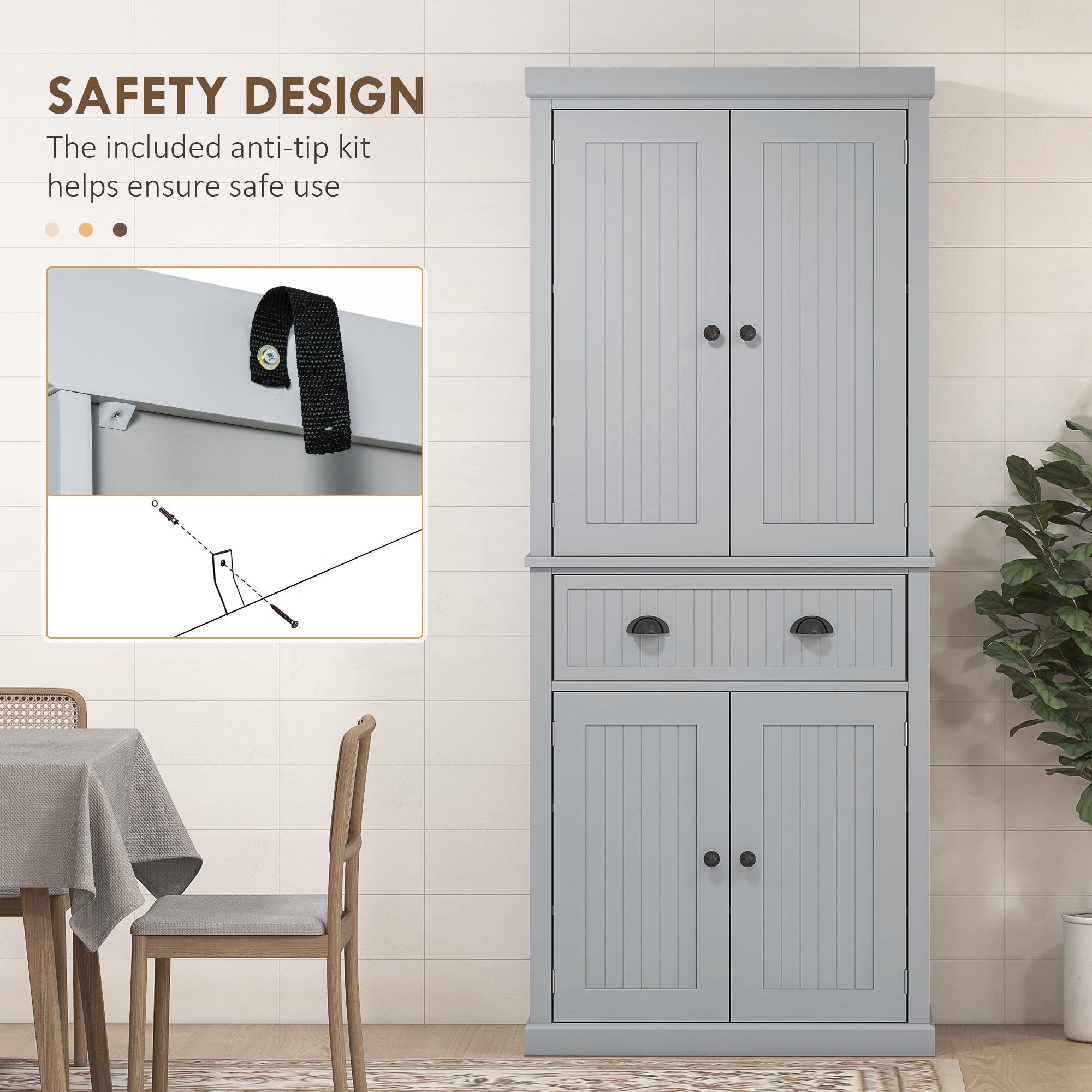HOMCOM 183cm Freestanding Kitchen Cupboard, Tall Storage Cabinet with 4 Doors and 3 Adjustable Shelves, Traditional Kitchen Pantry Cupboard for Dining Room, Grey