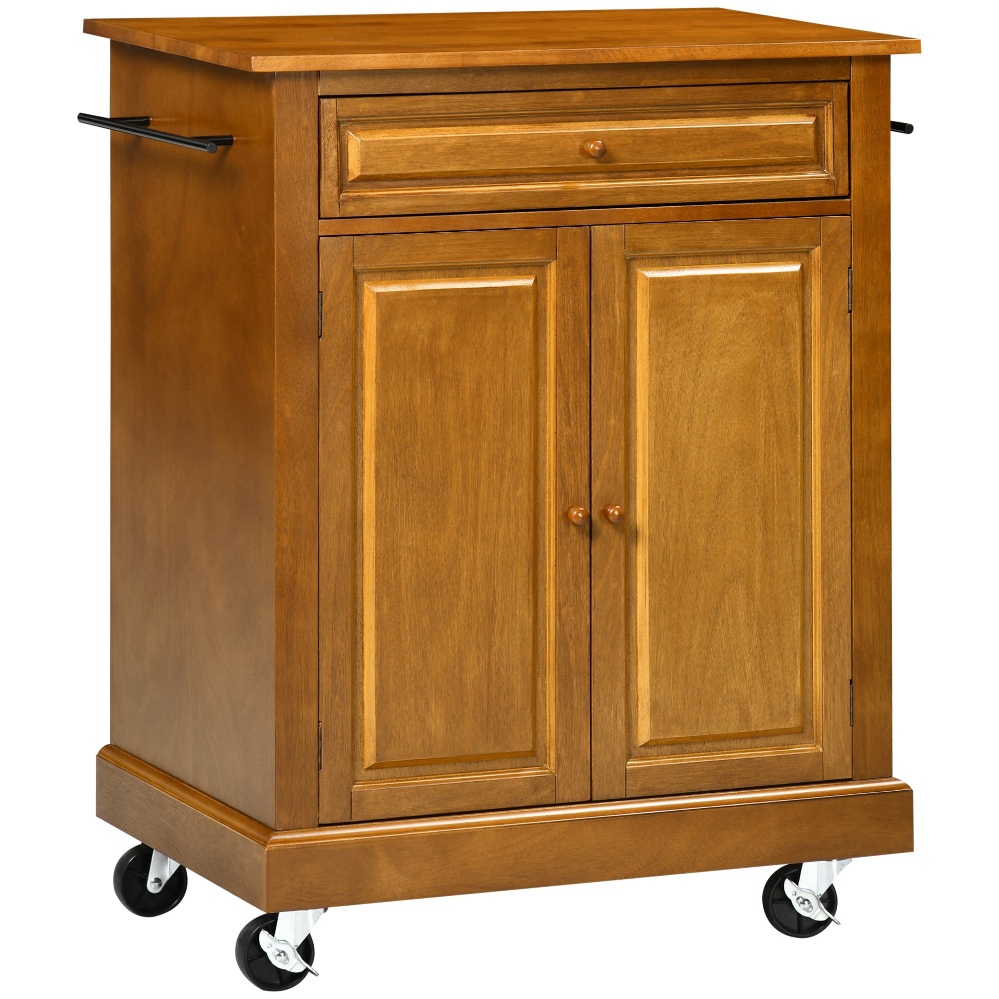 Modern Kitchen Island on Wheels Rolling Cart with Drawer Storage Cabinet and 2 Towel Racks Brown