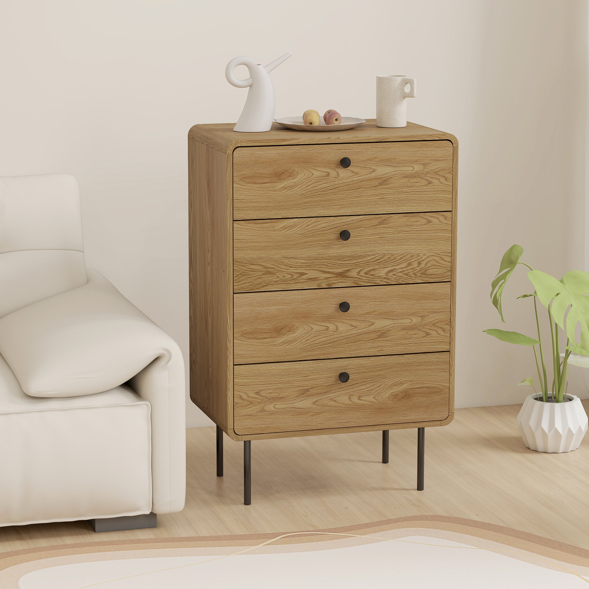 Modern Chest of Drawers with 4 Drawers, Dresser with Wood Handles and Steel Legs for Bedroom, Living Room, Entryway, Oak