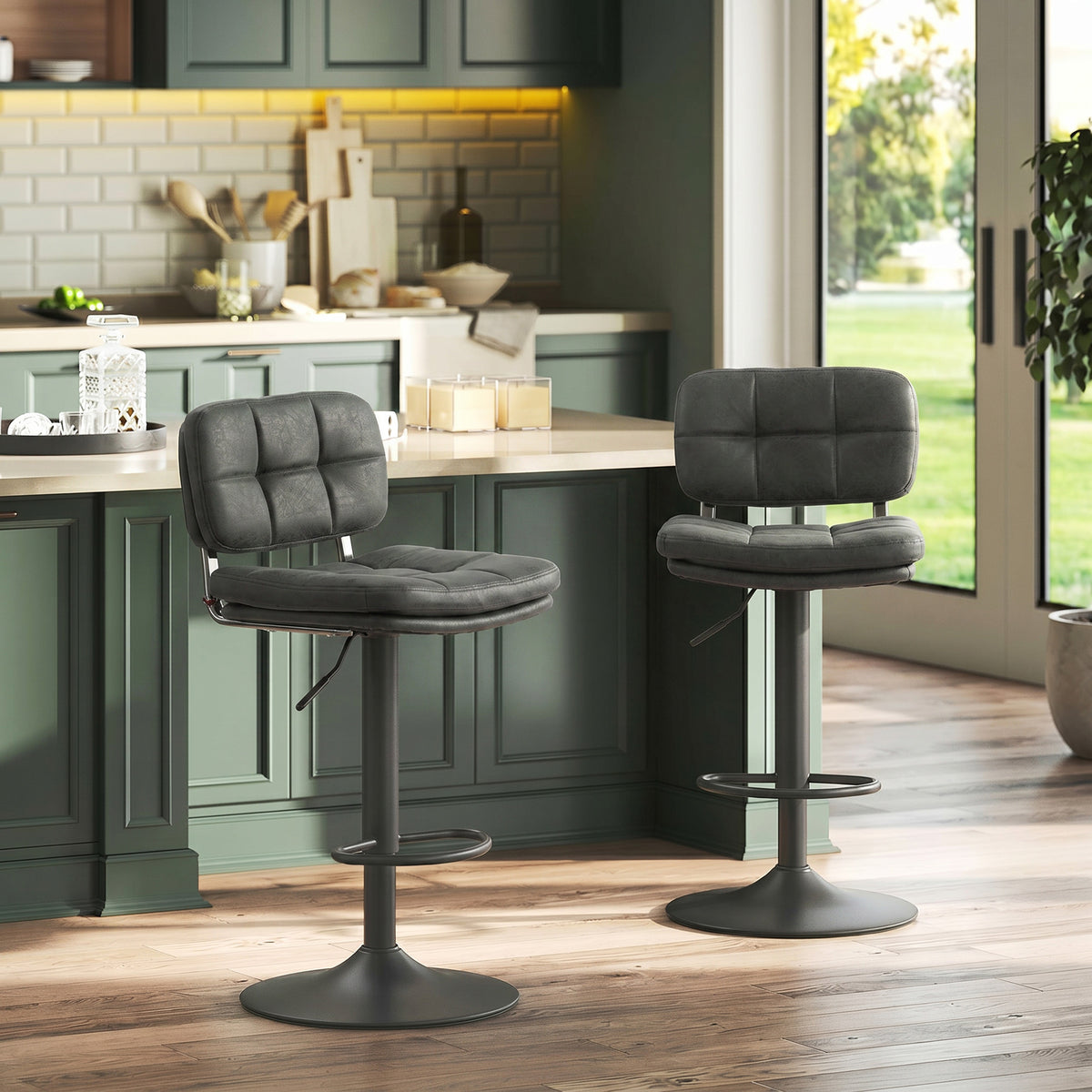 Bar Stools Set of 2, Swivel Counter Height Barstools with Adjustable Height, Back and Footrest, PU Leather Upholstered Bar Chairs for Home Kitchen Island, Black