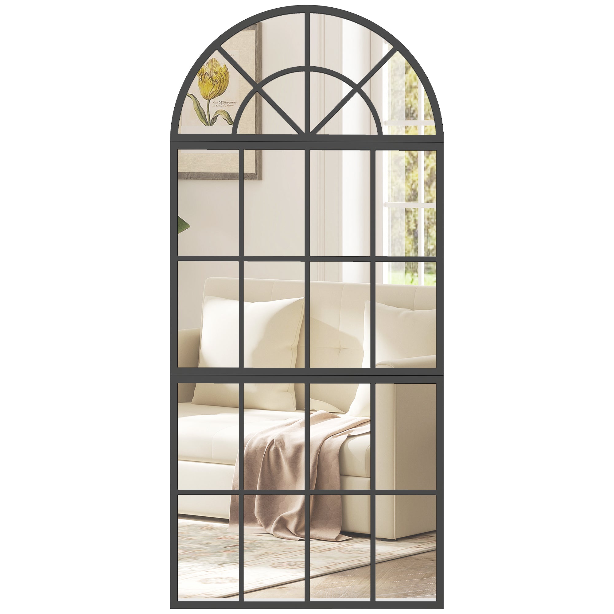 120 x 54 cm, Modern Large Arched Wall Mirror with Metal Grid, 3-Piece Split Window Mirrors with Tempered Glass for Window Decoration, Bedroom and Entryway, Black