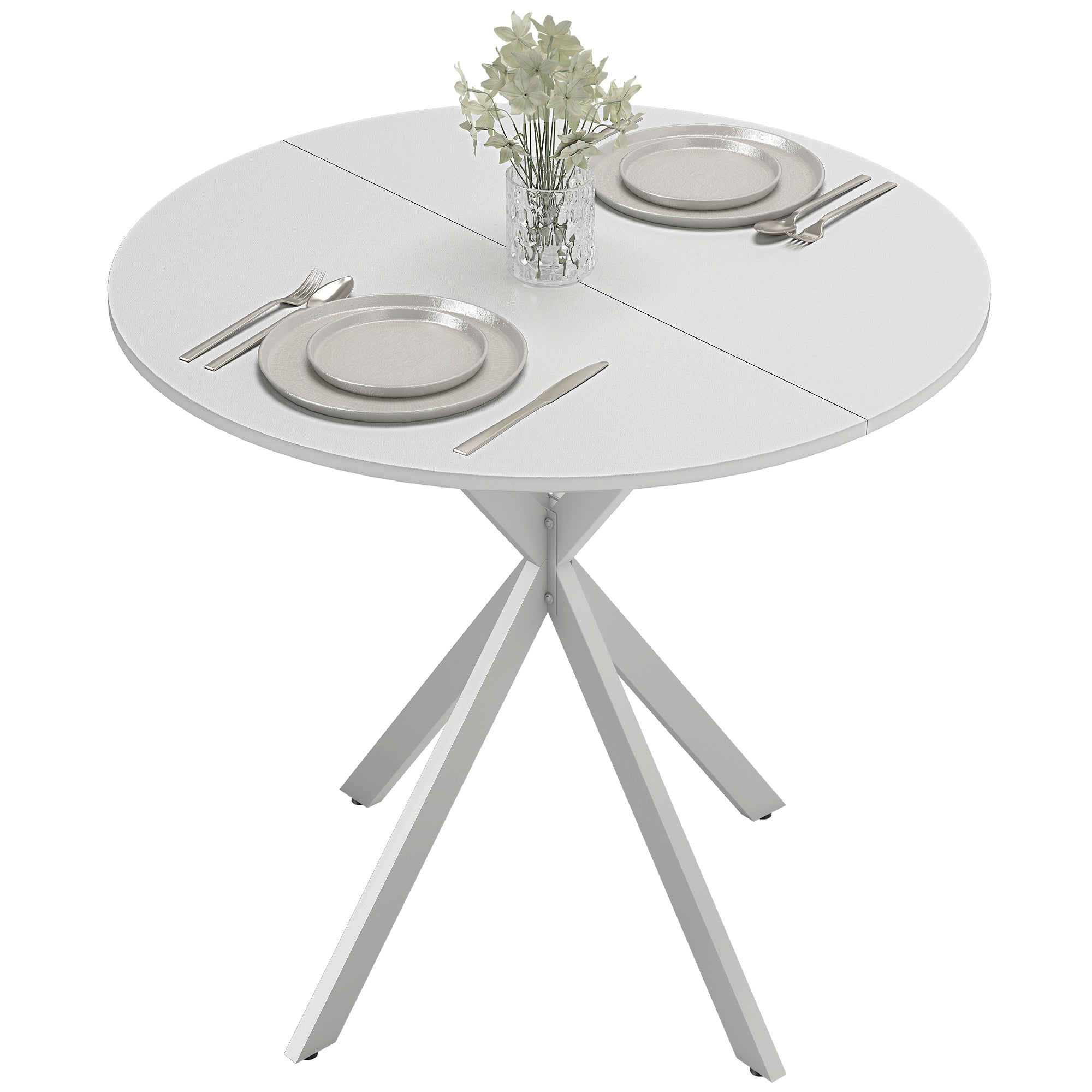 80cm Round Dining Table, Industrial Kitchen Table with Cross Steel Legs for Dining Room, Kitchen, Living Room, White
