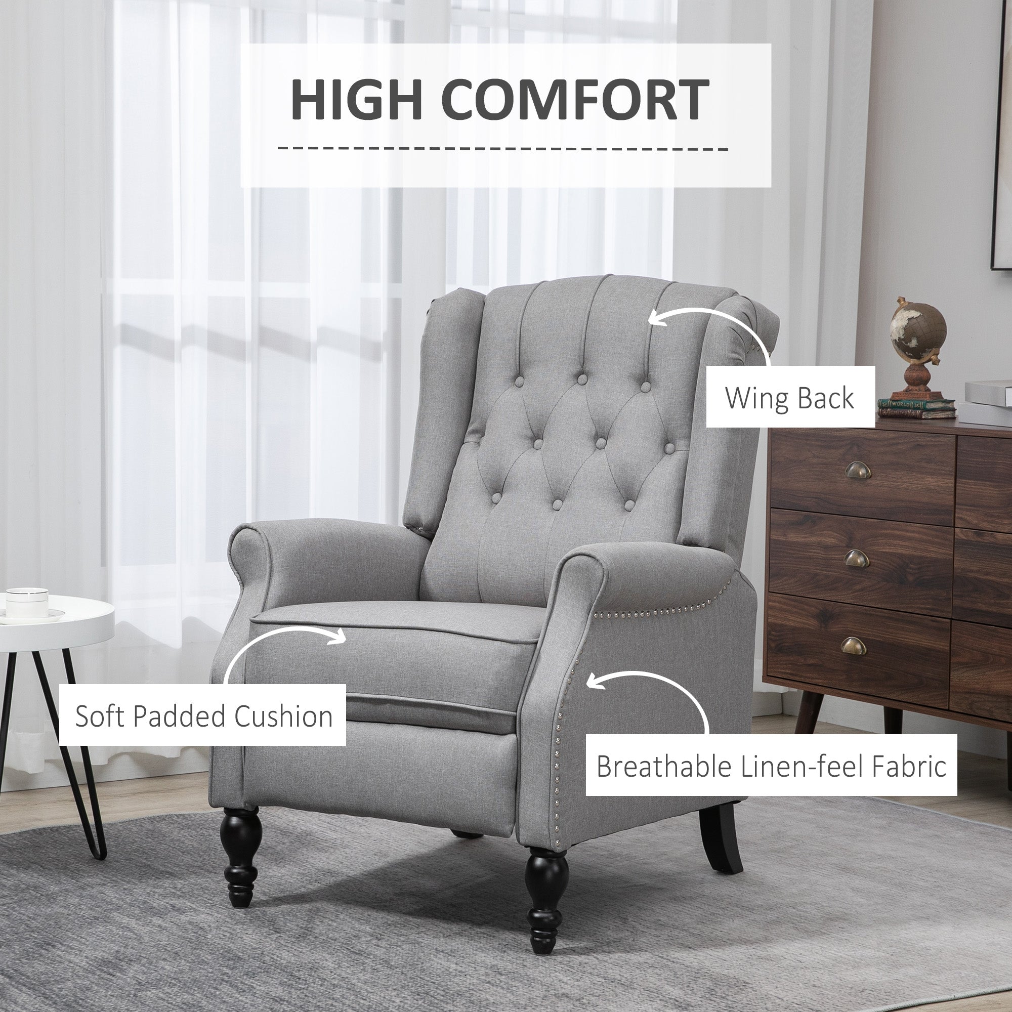 HOMCOM Fabric Recliner Chair for Living Room, Push Back Reclining Chair with Wingback, Button Tufted, Nail Head Trim, Footrest, Light Grey