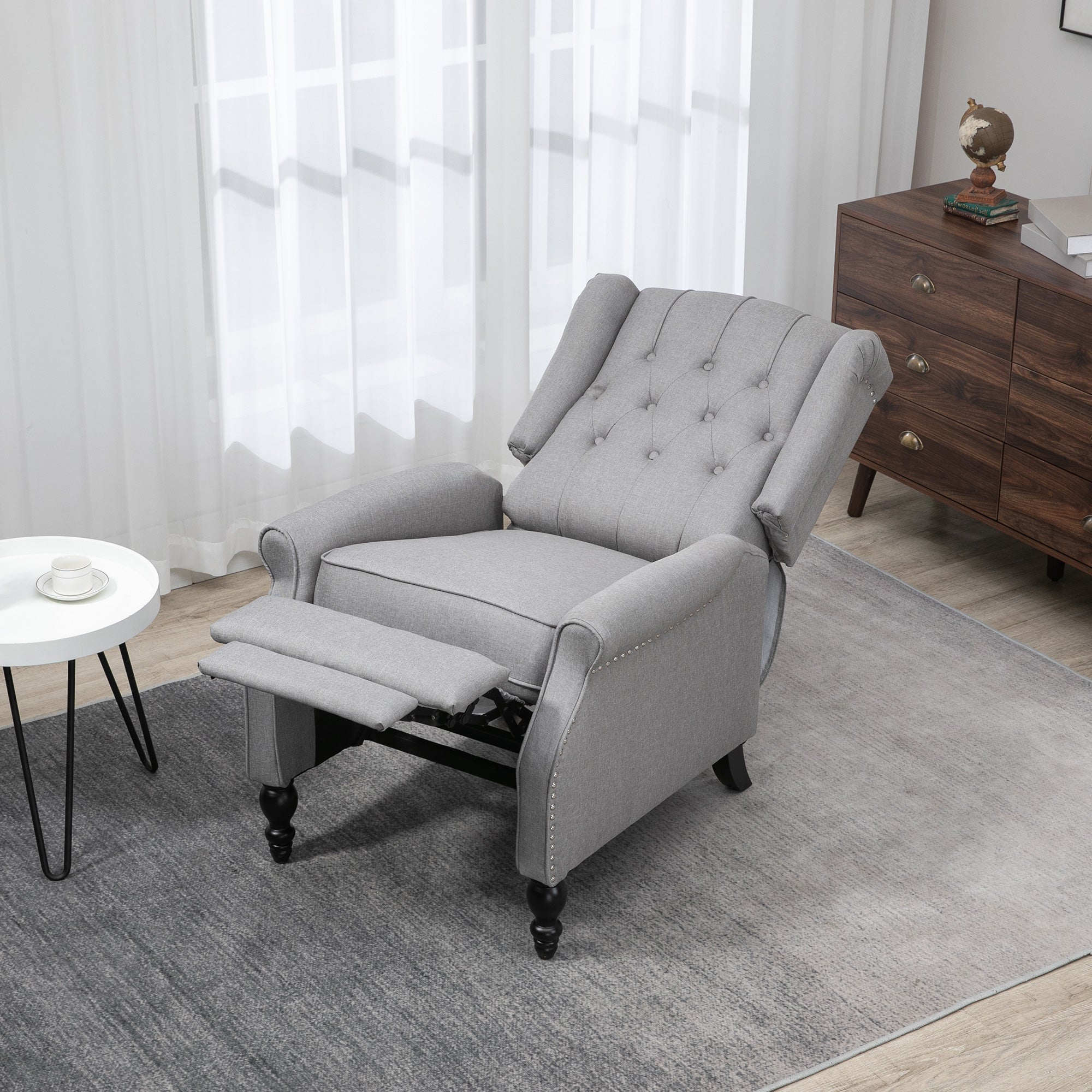 HOMCOM Fabric Recliner Chair for Living Room, Push Back Reclining Chair with Wingback, Button Tufted, Nail Head Trim, Footrest, Light Grey