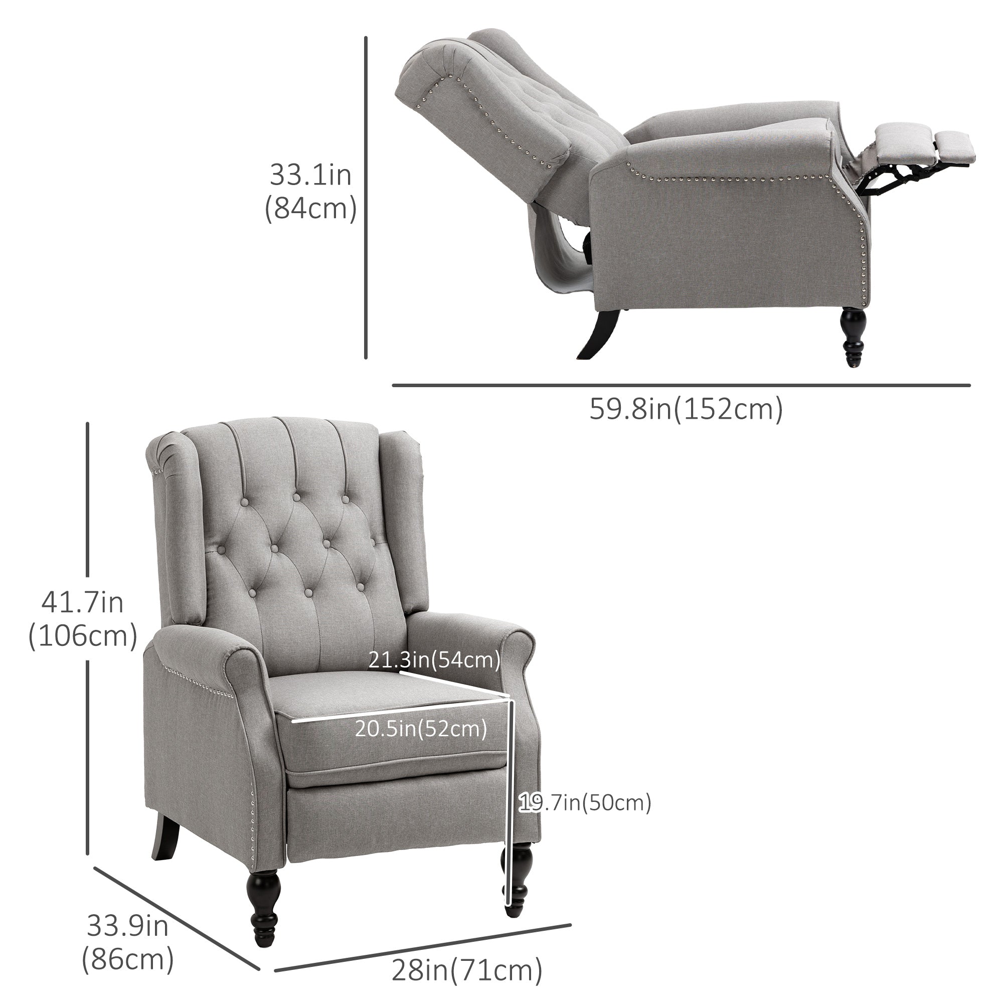 HOMCOM Fabric Recliner Chair for Living Room, Push Back Reclining Chair with Wingback, Button Tufted, Nail Head Trim, Footrest, Light Grey