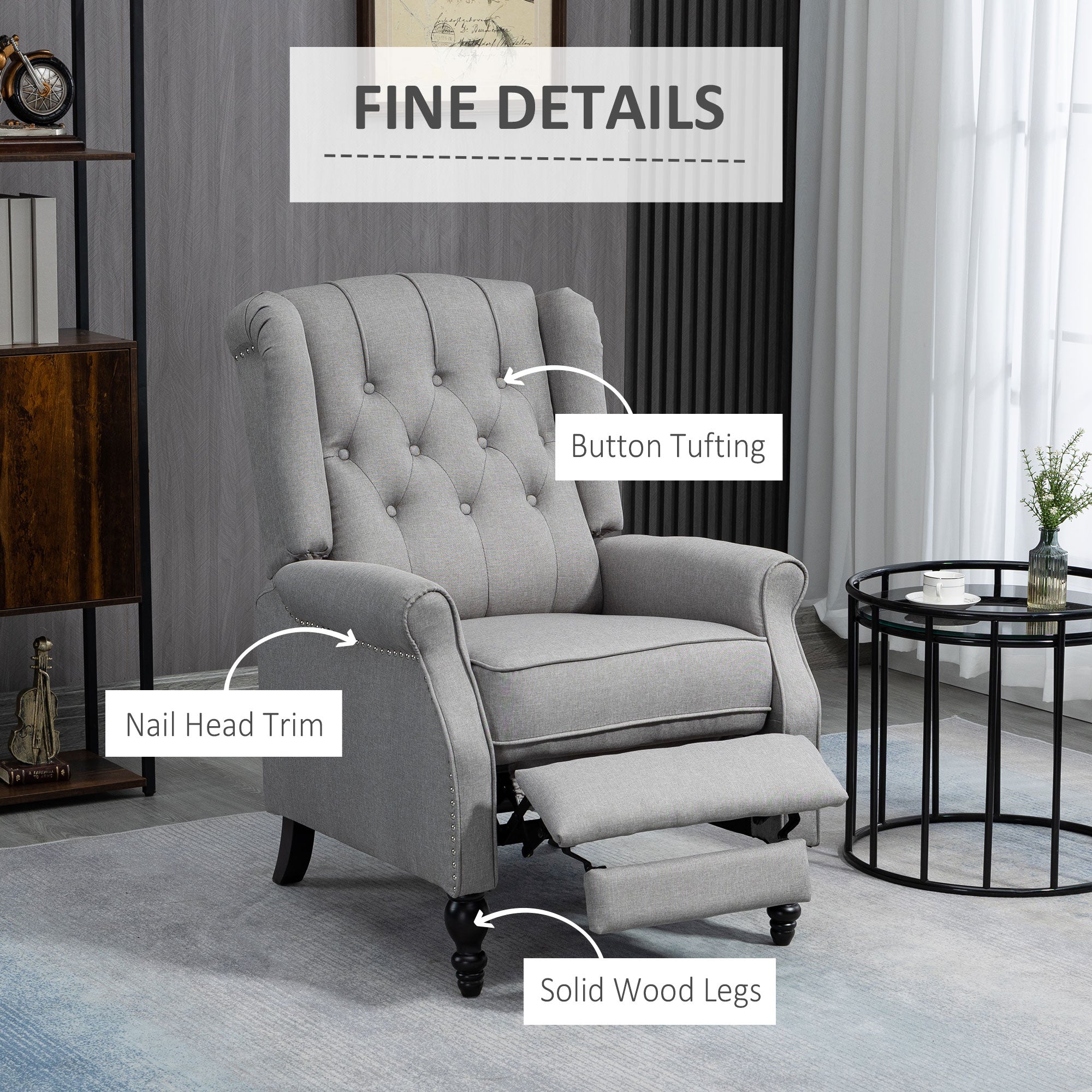 HOMCOM Fabric Recliner Chair for Living Room, Push Back Reclining Chair with Wingback, Button Tufted, Nail Head Trim, Footrest, Light Grey