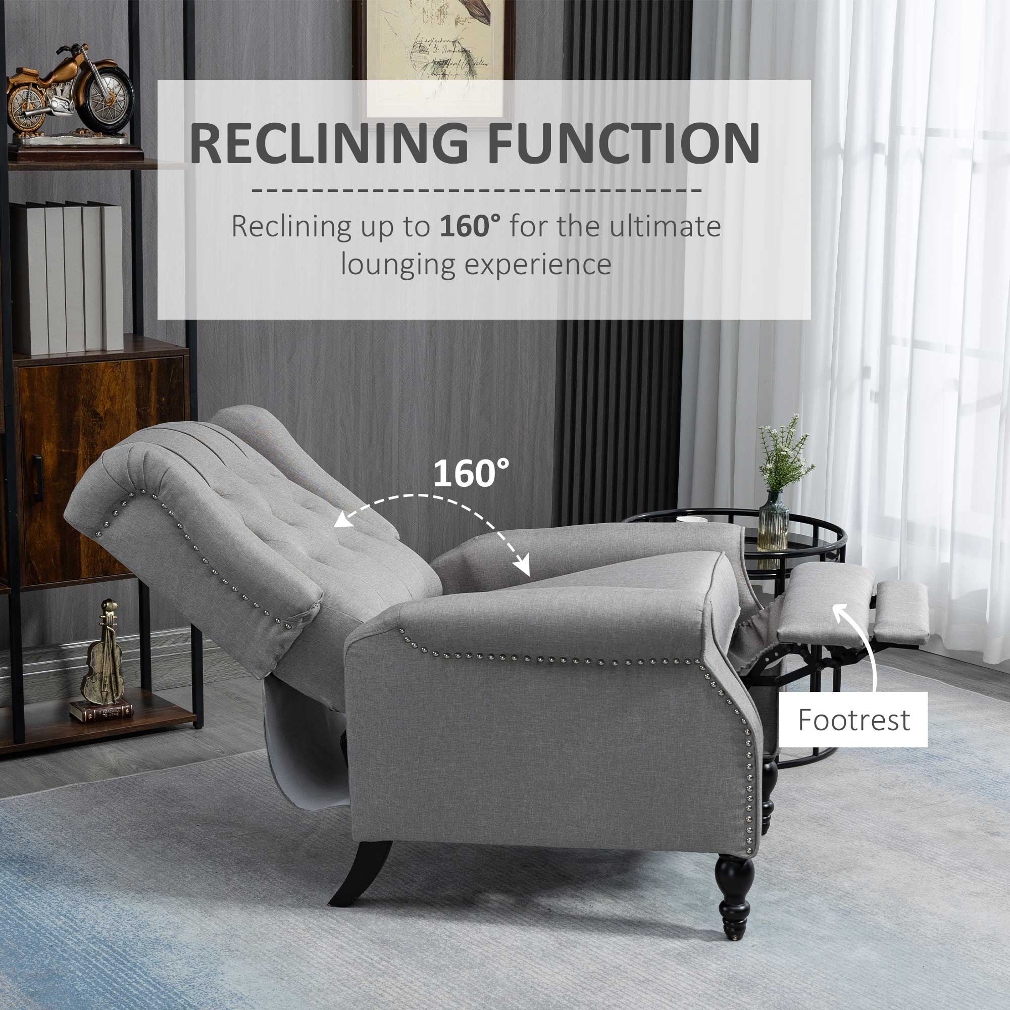 HOMCOM Fabric Recliner Chair for Living Room, Push Back Reclining Chair with Wingback, Button Tufted, Nail Head Trim, Footrest, Light Grey