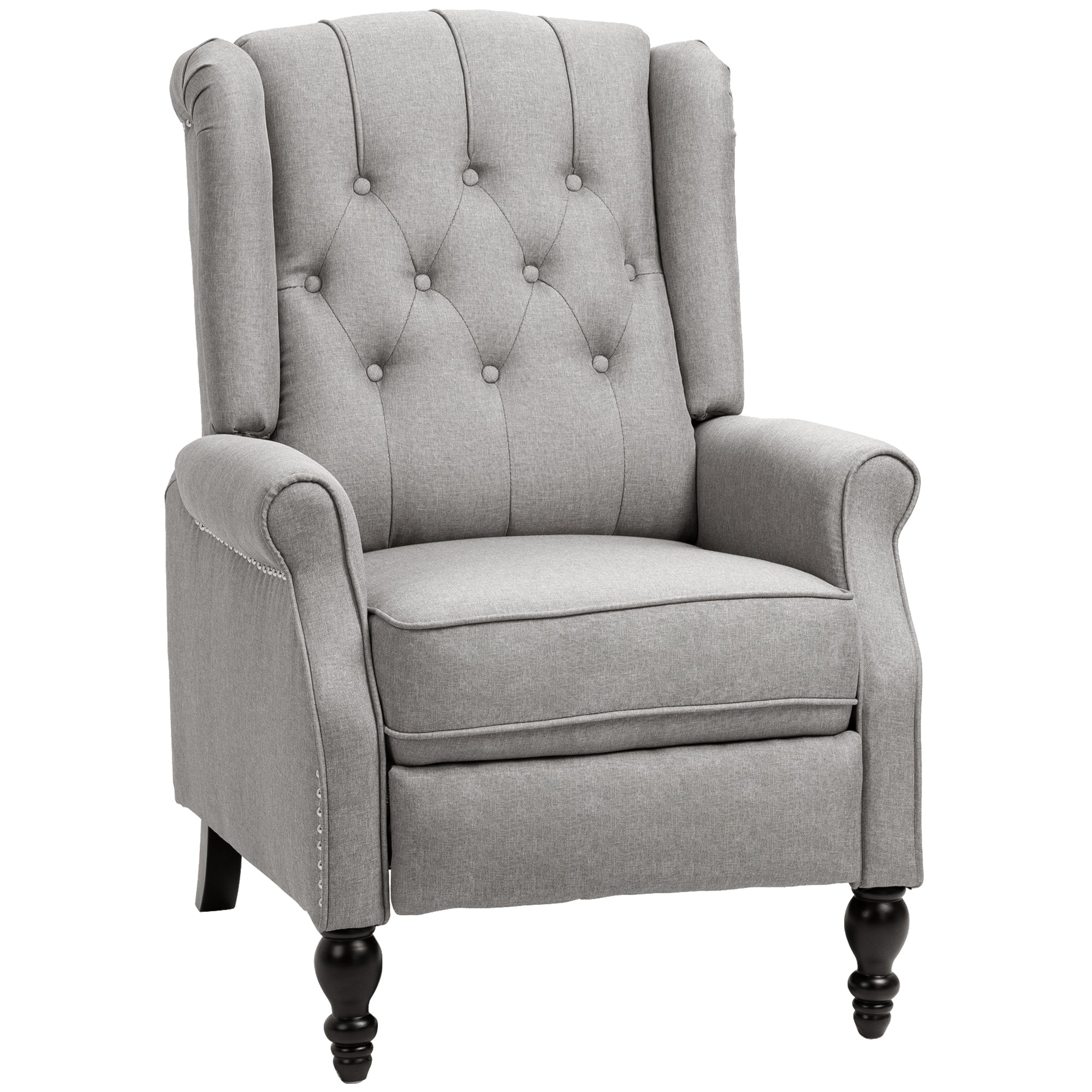 HOMCOM Fabric Recliner Chair for Living Room, Push Back Reclining Chair with Wingback, Button Tufted, Nail Head Trim, Footrest, Light Grey