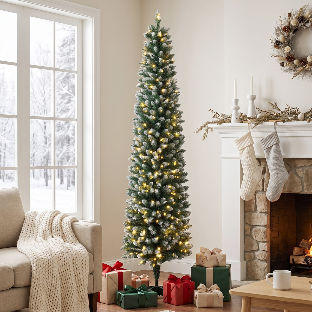 6ft Pencil Prelit Christmas Tree, Dual Color, Flocked, Remote, Artificial Slim Xmas Tree with 11 Modes, 351 Branch Tips, 170 LEDs, Green White