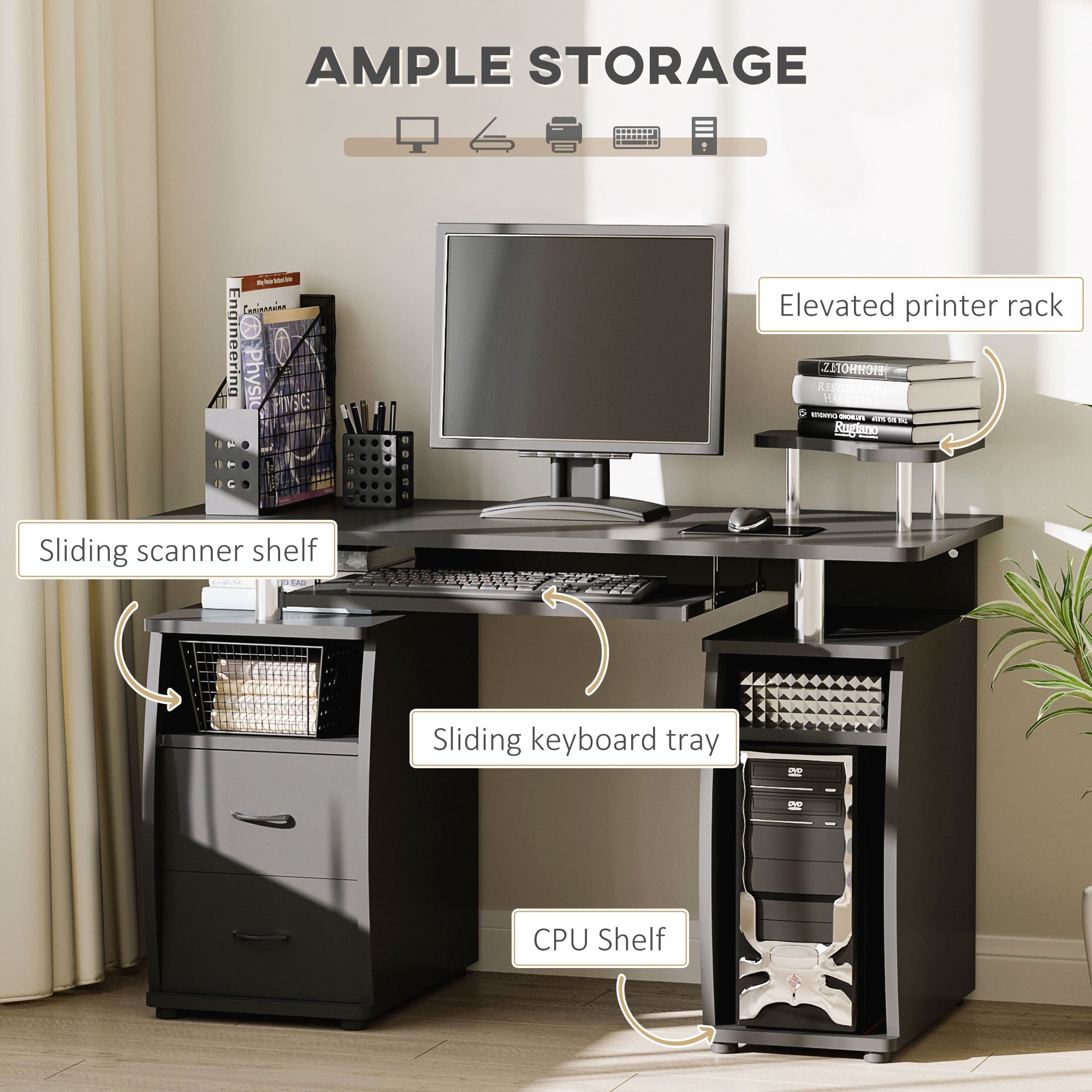 HOMCOM Computer Desk with Keyboard Tray, CPU Stand, Writing Desk with Drawers, Workstation for Home Office, Black