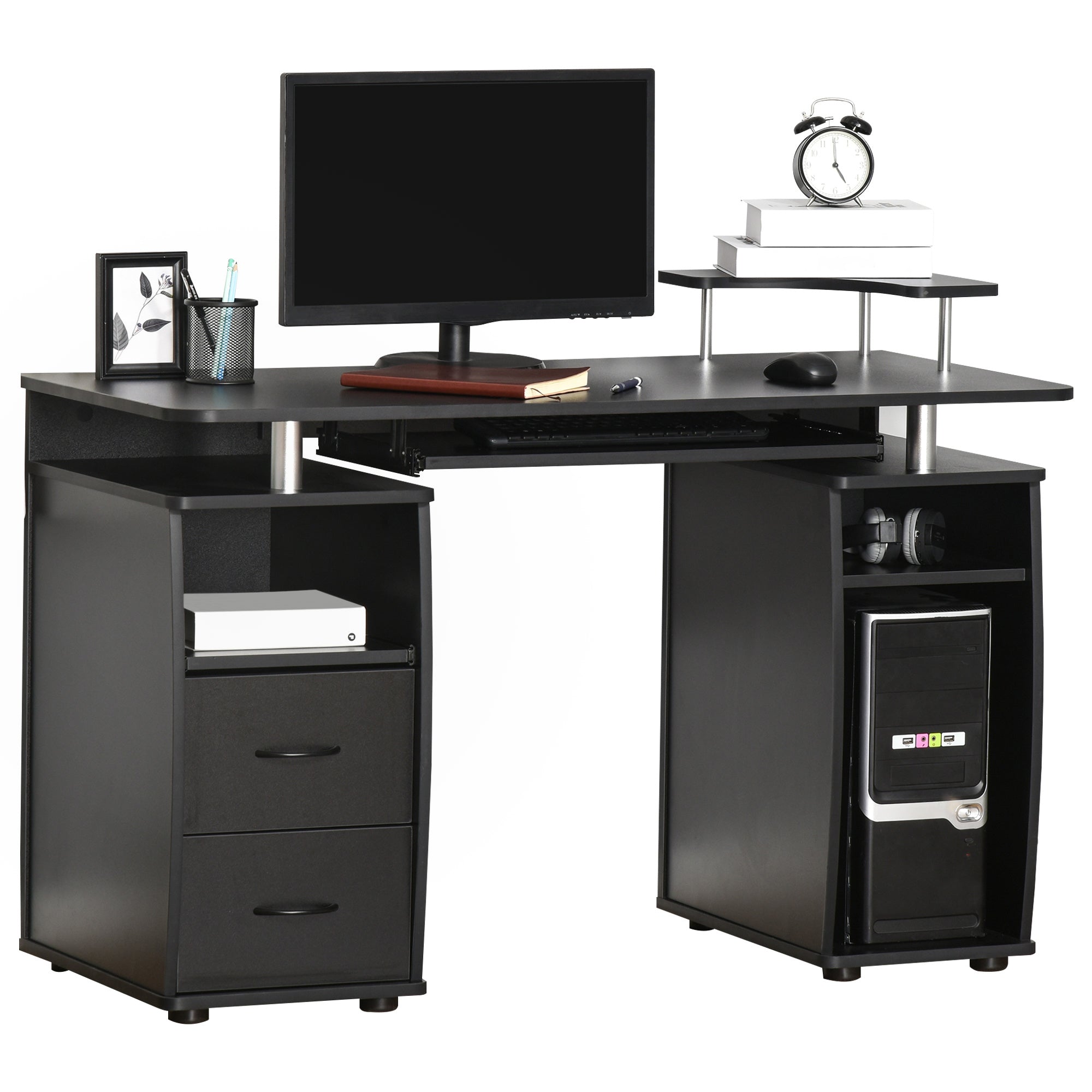 HOMCOM Computer Desk with Keyboard Tray, CPU Stand, Writing Desk with Drawers, Workstation for Home Office, Black