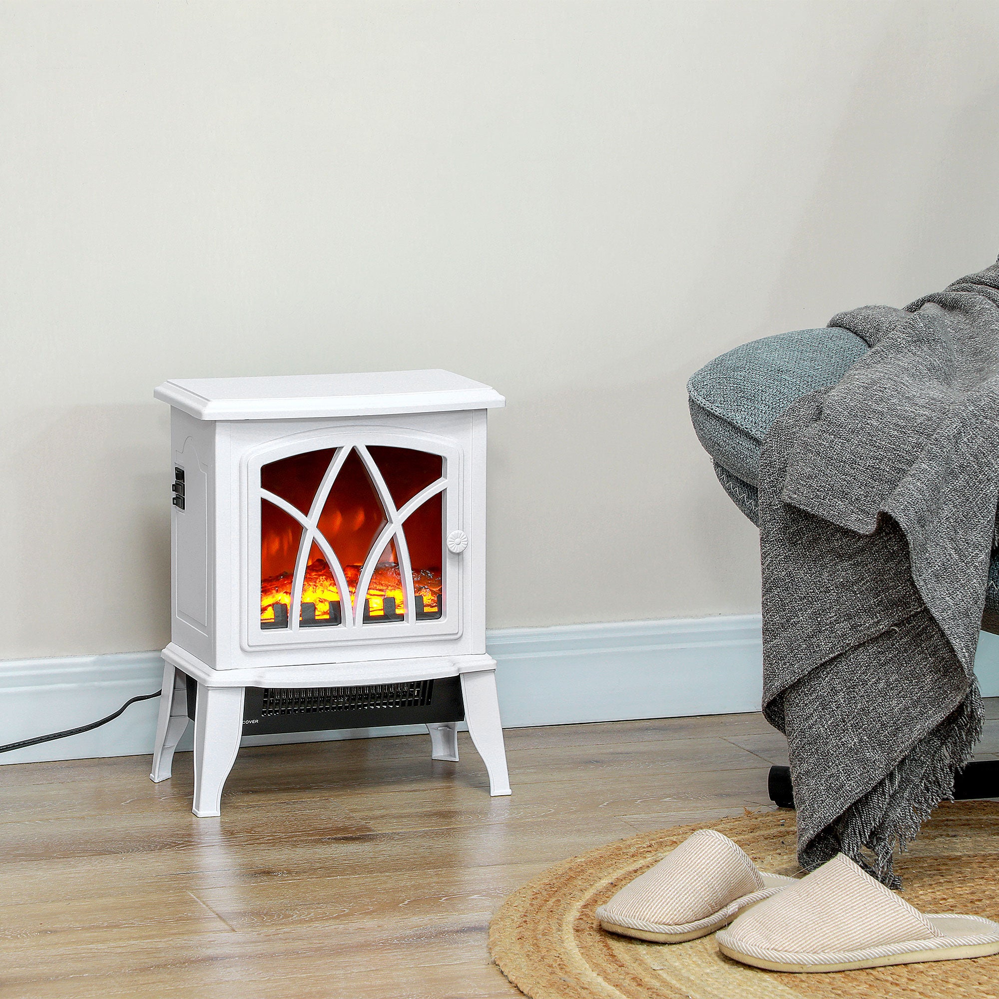 Electric Fireplace Heater, Freestanding Fireplace Stove with Realistic Flames Overheating Protection 750W/1500W, White