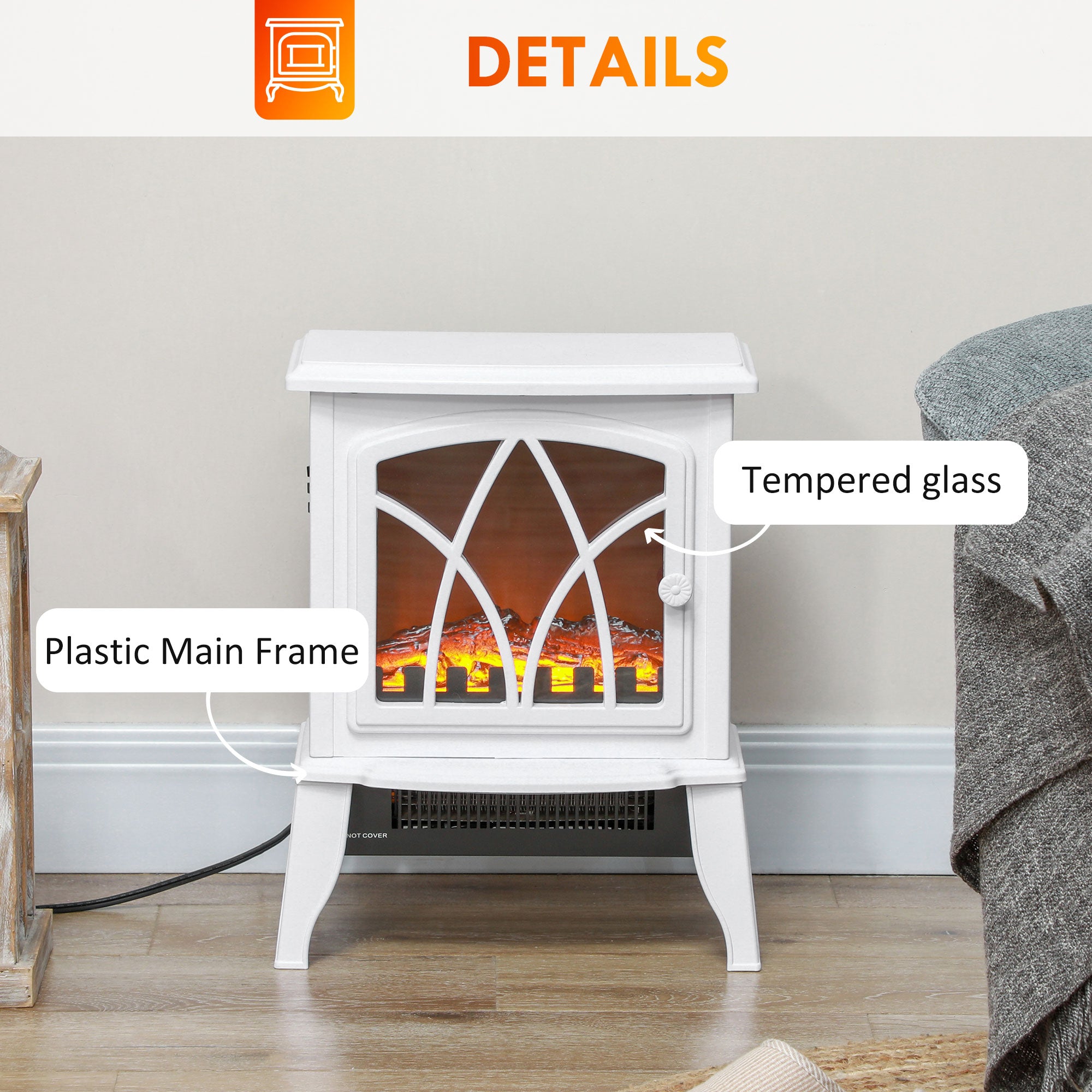 Electric Fireplace Heater, Freestanding Fireplace Stove with Realistic Flames Overheating Protection 750W/1500W, White