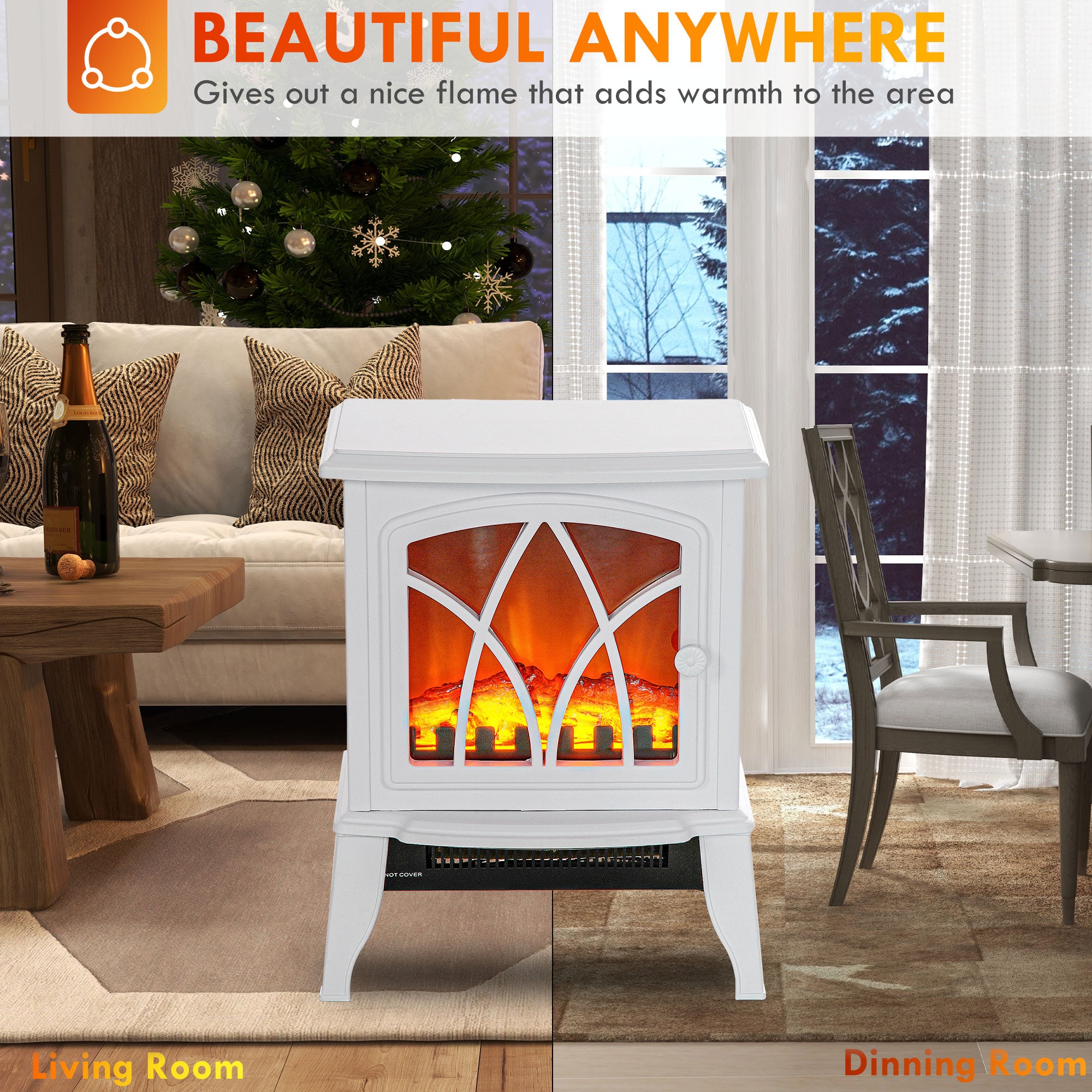 Electric Fireplace Heater, Freestanding Fireplace Stove with Realistic Flames Overheating Protection 750W/1500W, White