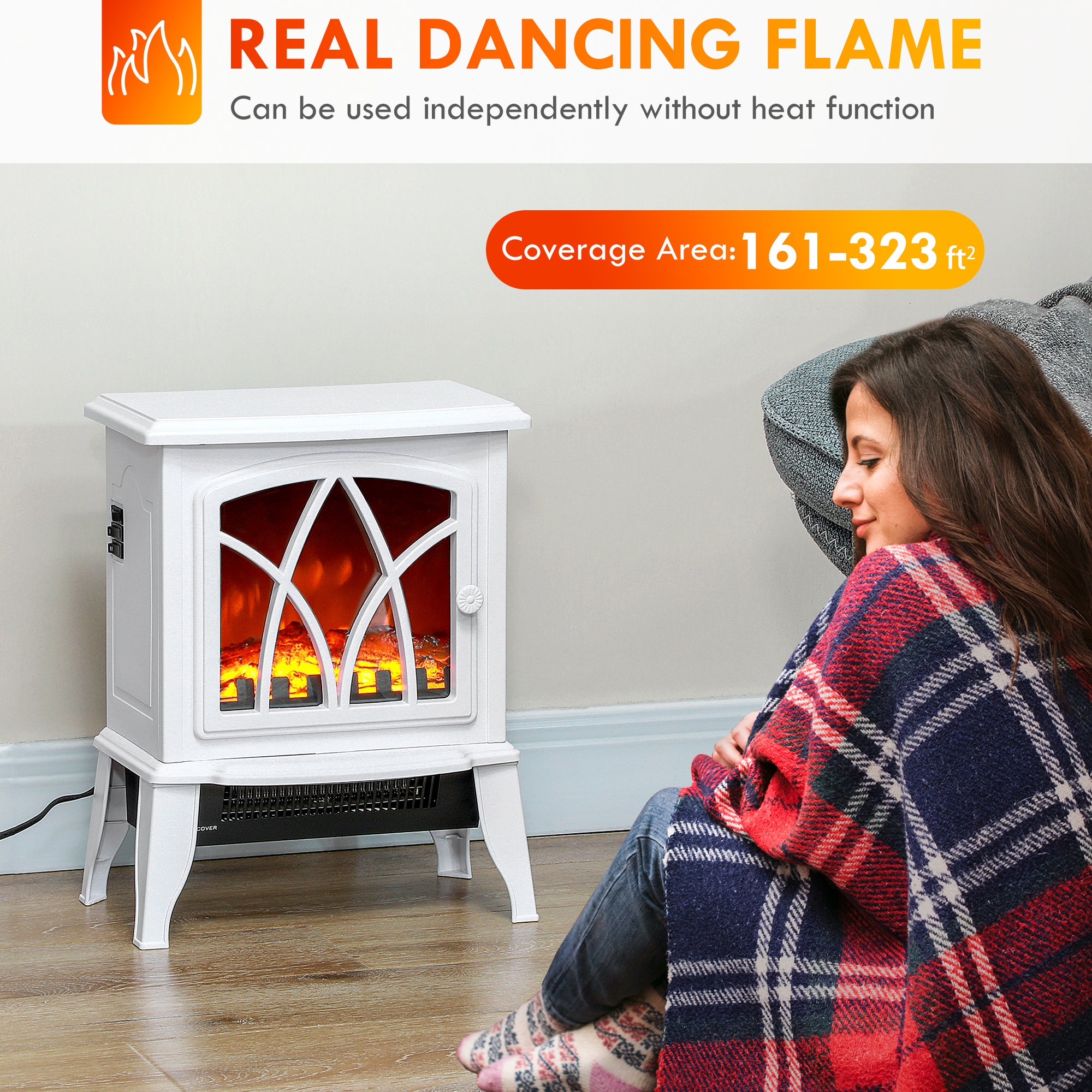 Electric Fireplace Heater, Freestanding Fireplace Stove with Realistic Flames Overheating Protection 750W/1500W, White