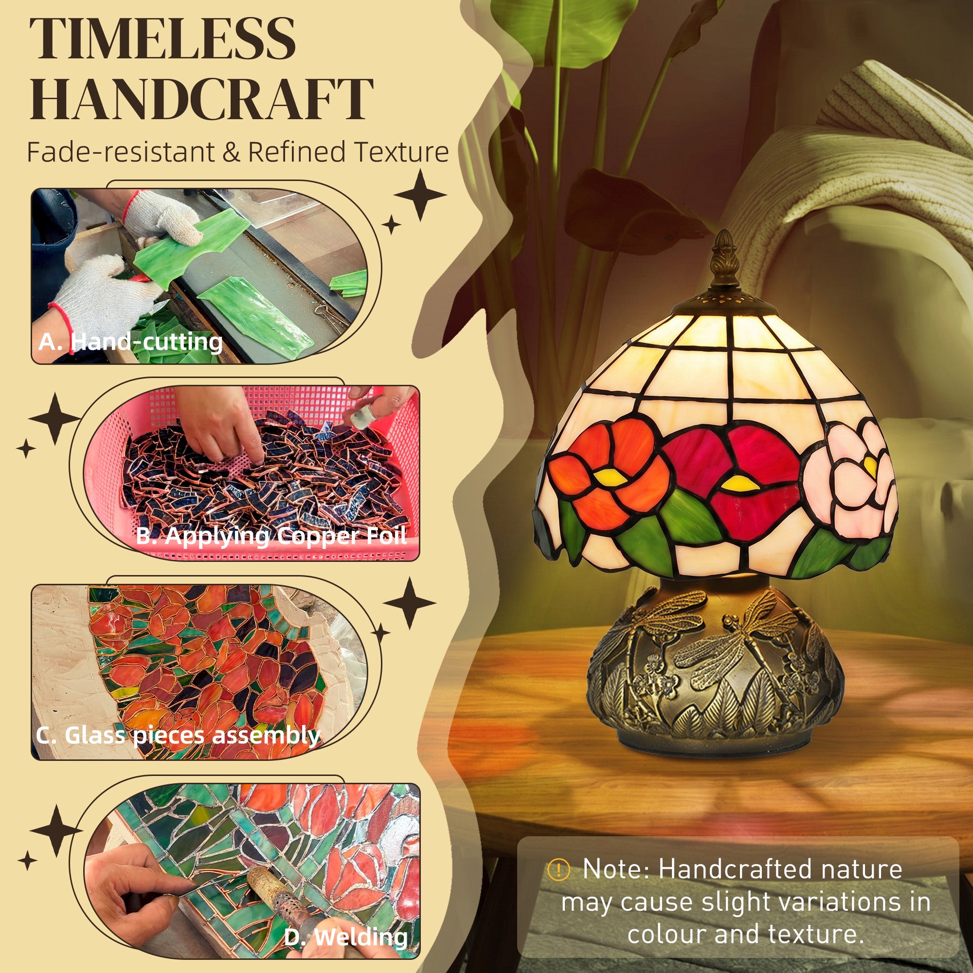 Tiffany-Style Table Lamp with Sculpted Dragonfly Base, Handcrafted Classic Stained Glass Bedside Lamp for Living Room and Bedroom, E27 Socket, Multi-Coloured