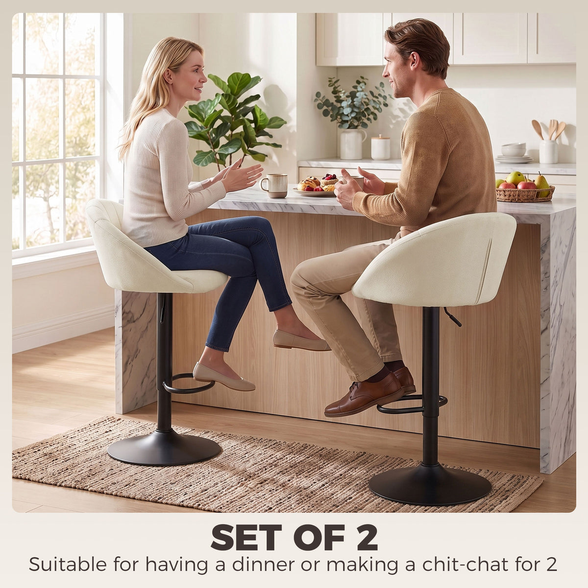 Breakfast Bar Stools Set of 2, Modern Velvet-Feel Swivel BarStools, Adjustable Counter Height Bar Chairs with Backrest and Footrest for Kitchen Island, Dining Room, Bar, Cream White