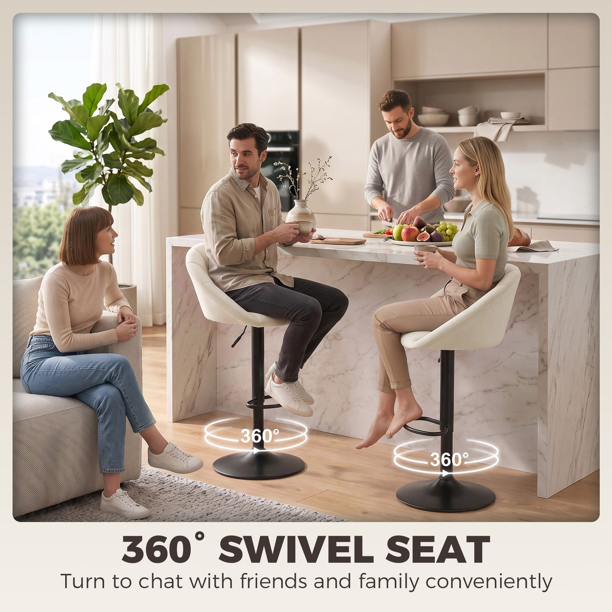 Breakfast Bar Stools Set of 2, Modern Velvet-Feel Swivel BarStools, Adjustable Counter Height Bar Chairs with Backrest and Footrest for Kitchen Island, Dining Room, Bar, Cream White