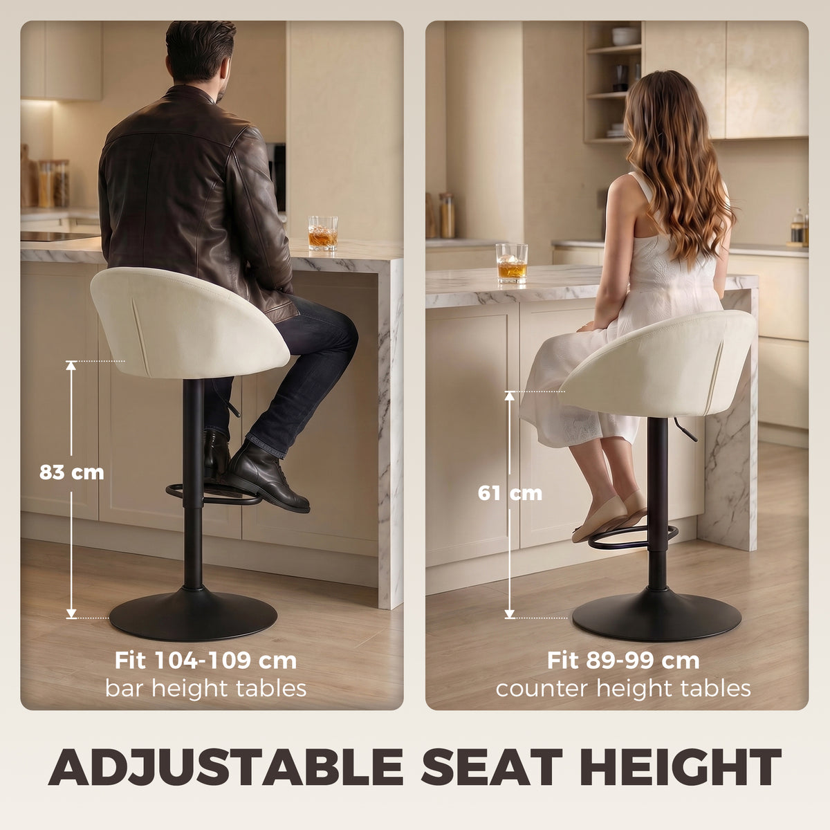 Breakfast Bar Stools Set of 2, Modern Velvet-Feel Swivel BarStools, Adjustable Counter Height Bar Chairs with Backrest and Footrest for Kitchen Island, Dining Room, Bar, Cream White