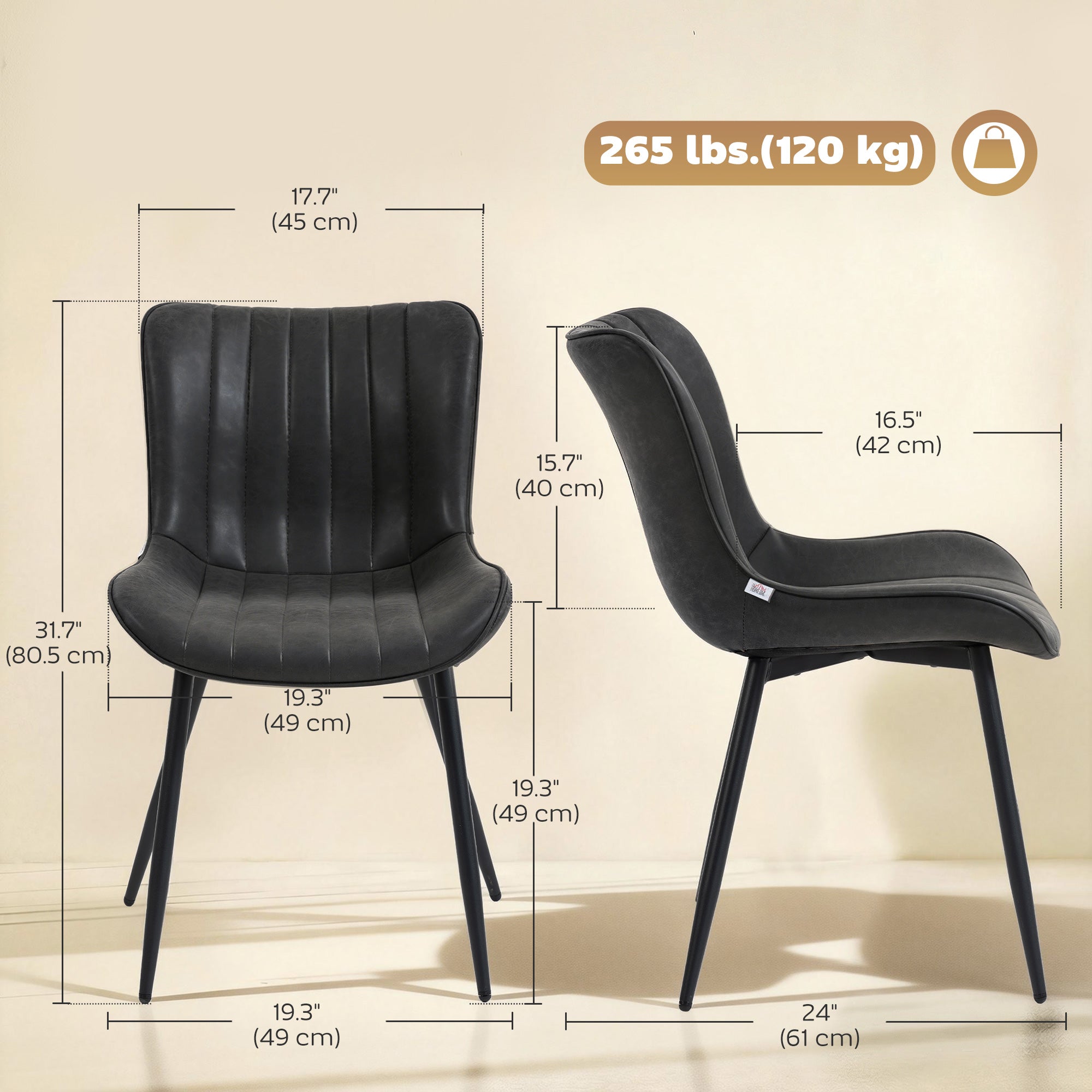 Dining Chairs Set of 2, Modern PU Leather Upholstered Kitchen Chairs with Tufted Backrest and Steel Legs for Dining Room, Living Room, Black