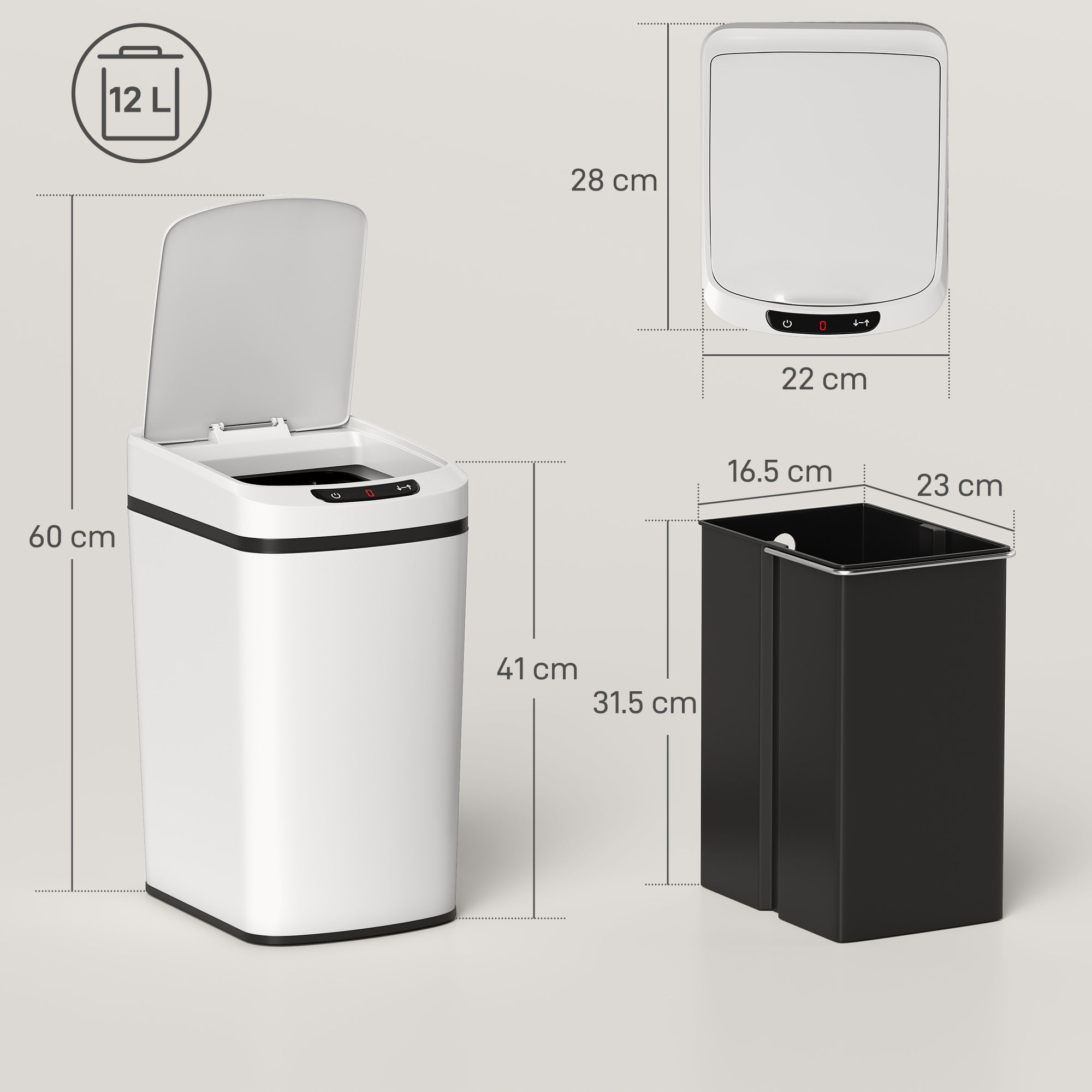12L Sensor Bin, Automatic Touchless Motion Sensor Kitchen Bin, Compact Trash Can with Fingerprint Resistant Stainless Steel for Hygienic Gyms, Home Office Use, White