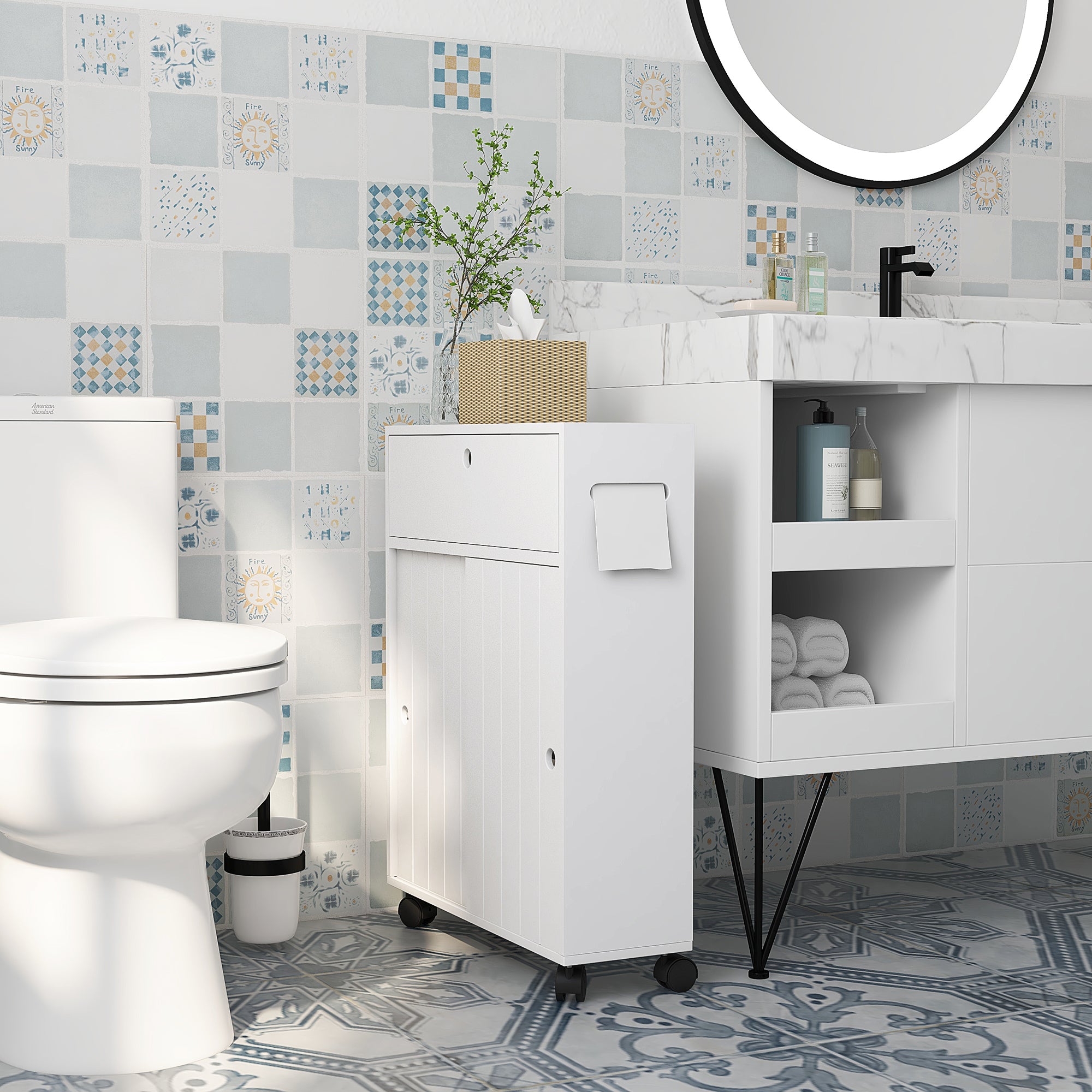 Slim Bathroom Cabinet, Modern Narrow Bathroom Storage Cabinet with 4 Rolling Wheels and Paper Holes, White