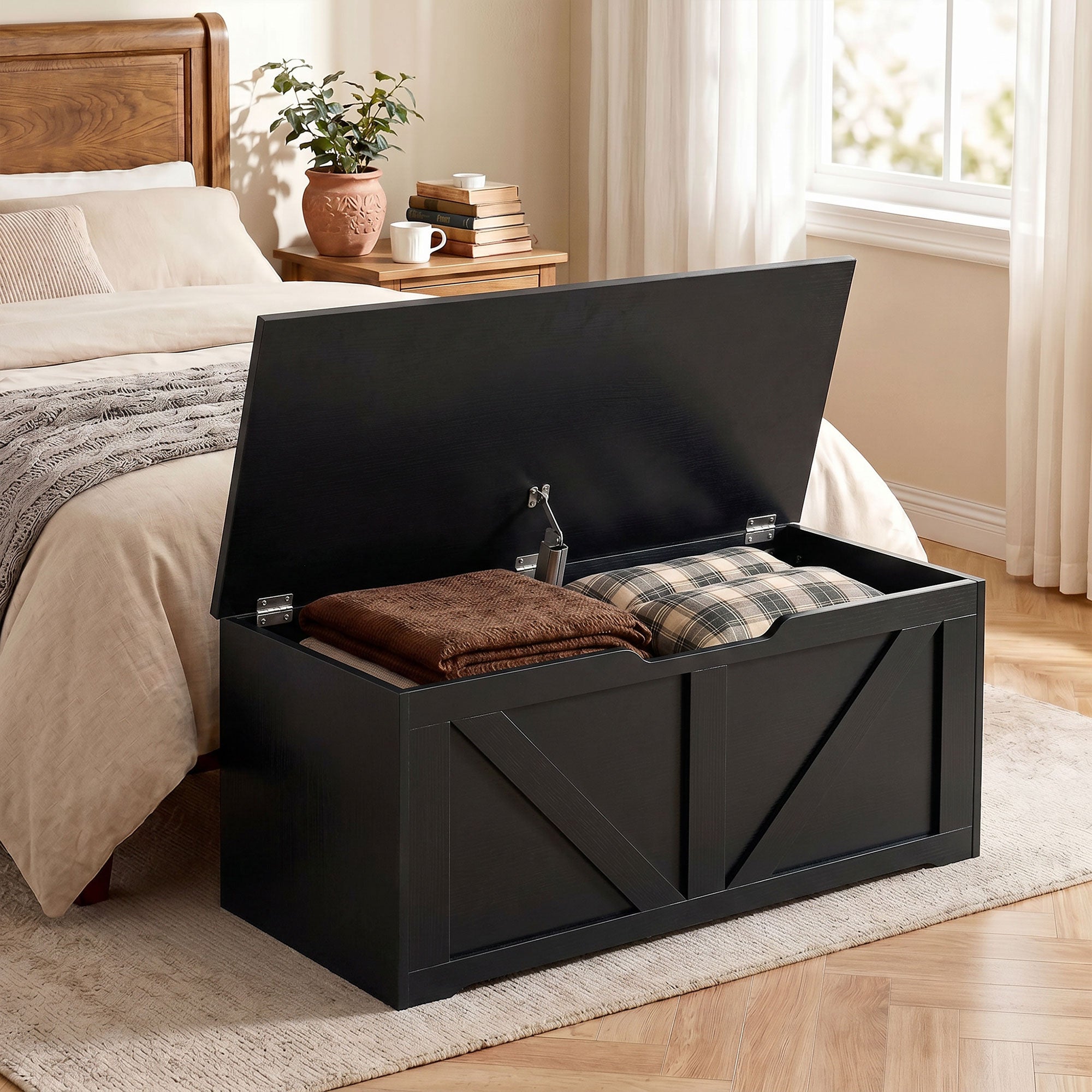 100L Storage Chest, Shoe Storage Trunk Bench Box with Safety Hinge and U-shaped Cut-out Pull, Blanket Box Ottoman for Bedroom, Living Room, Entryway, 80 x 40 x 45 cm, Black Wood-Effect