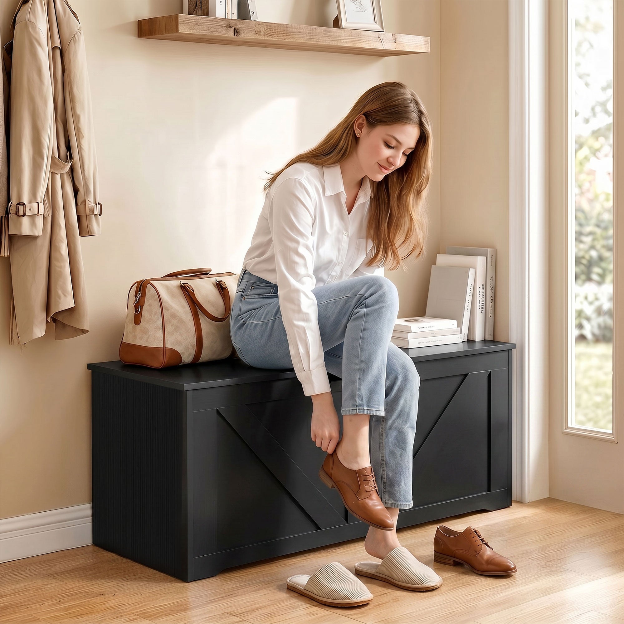 100L Storage Chest, Shoe Storage Trunk Bench Box with Safety Hinge and U-shaped Cut-out Pull, Blanket Box Ottoman for Bedroom, Living Room, Entryway, 80 x 40 x 45 cm, Black Wood-Effect