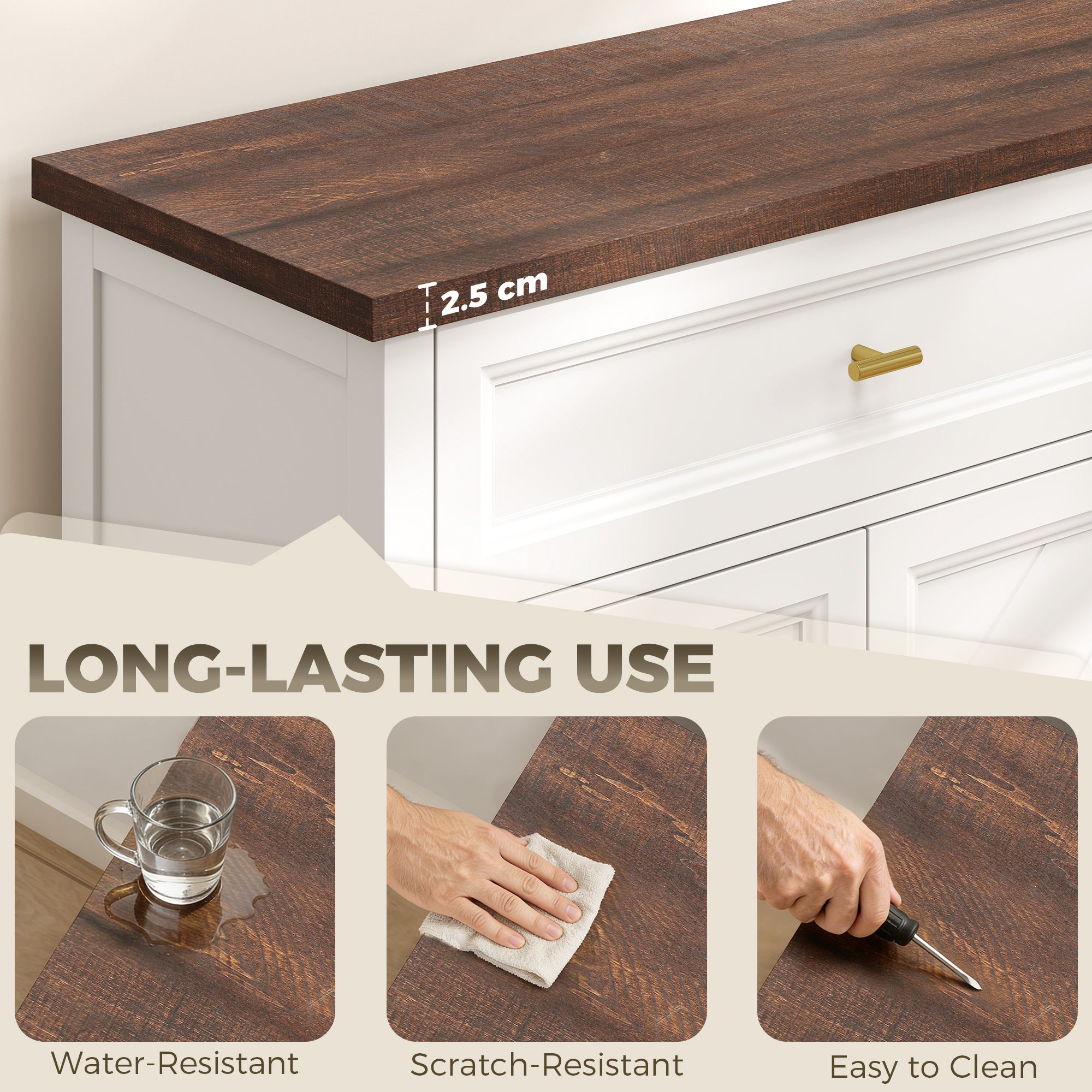 Sideboard with Thick Top, Modern Storage Cabinet, Kitchen Cupboard with 3 Doors, 2 Drawers and Adjustable Shelves for Dining Room, Living Room, White and Brown Wood Effect