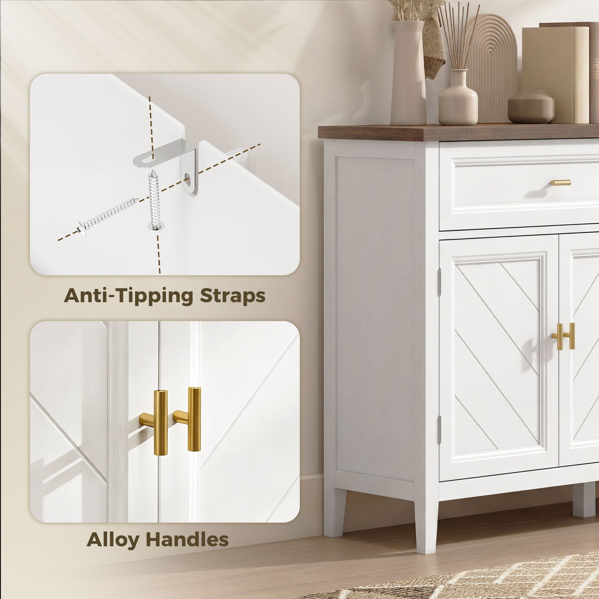 Sideboard with Thick Top, Modern Storage Cabinet, Kitchen Cupboard with 3 Doors, 2 Drawers and Adjustable Shelves for Dining Room, Living Room, White and Brown Wood Effect