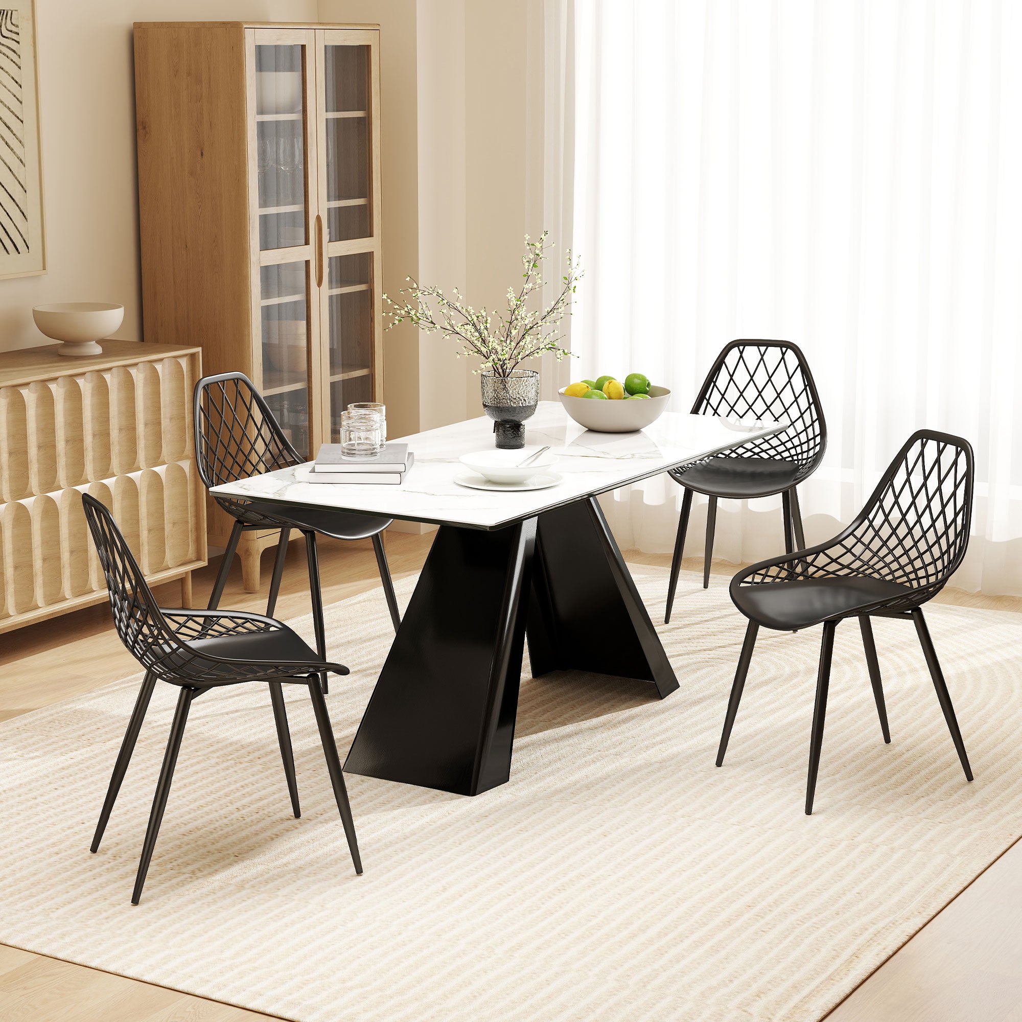 Plastic Dining Chairs Set of 4, Modern Kitchen Chairs with Hollow Backrest and Metal Legs for Living Room, Dining Room, Home Office, Black