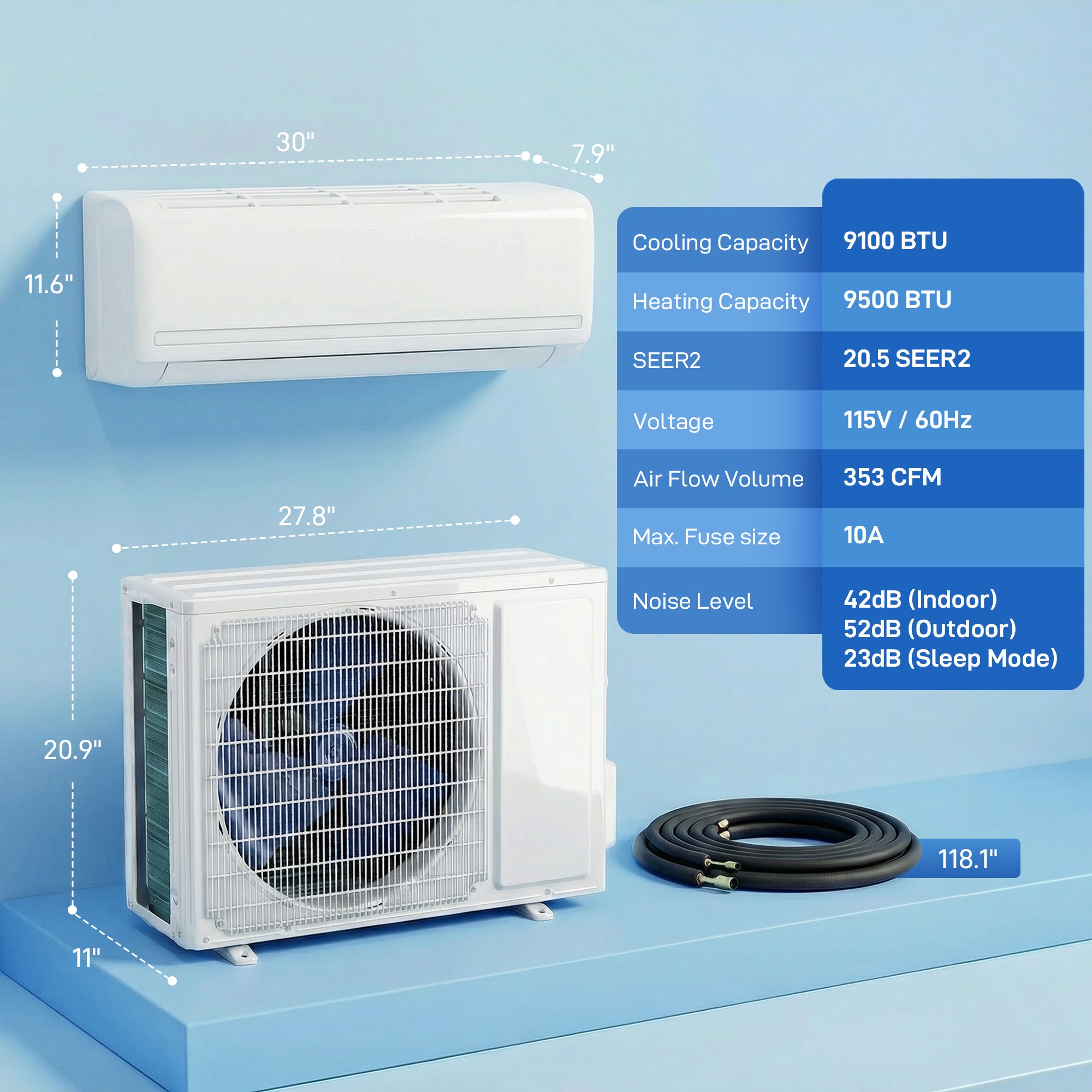 9100 BTU Mini Split Air Conditioner and Heat Pump, 20.5 SEER2 115V Energy Efficient Ductless Inverter AC Unit Cools up to 450 Sq.Ft, Complete Installation Kit