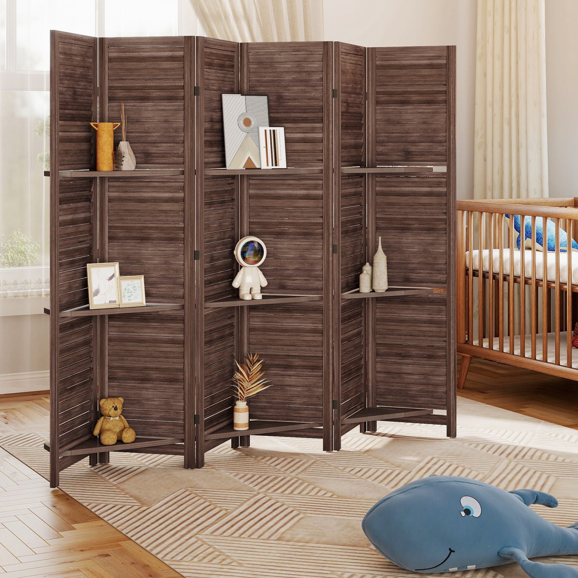 Room Divider, 6 Panel 67" Tall Wood Privacy Screen with 3 Display Shelves, and Folding Storage for Bedroom or Home Office, Walnut