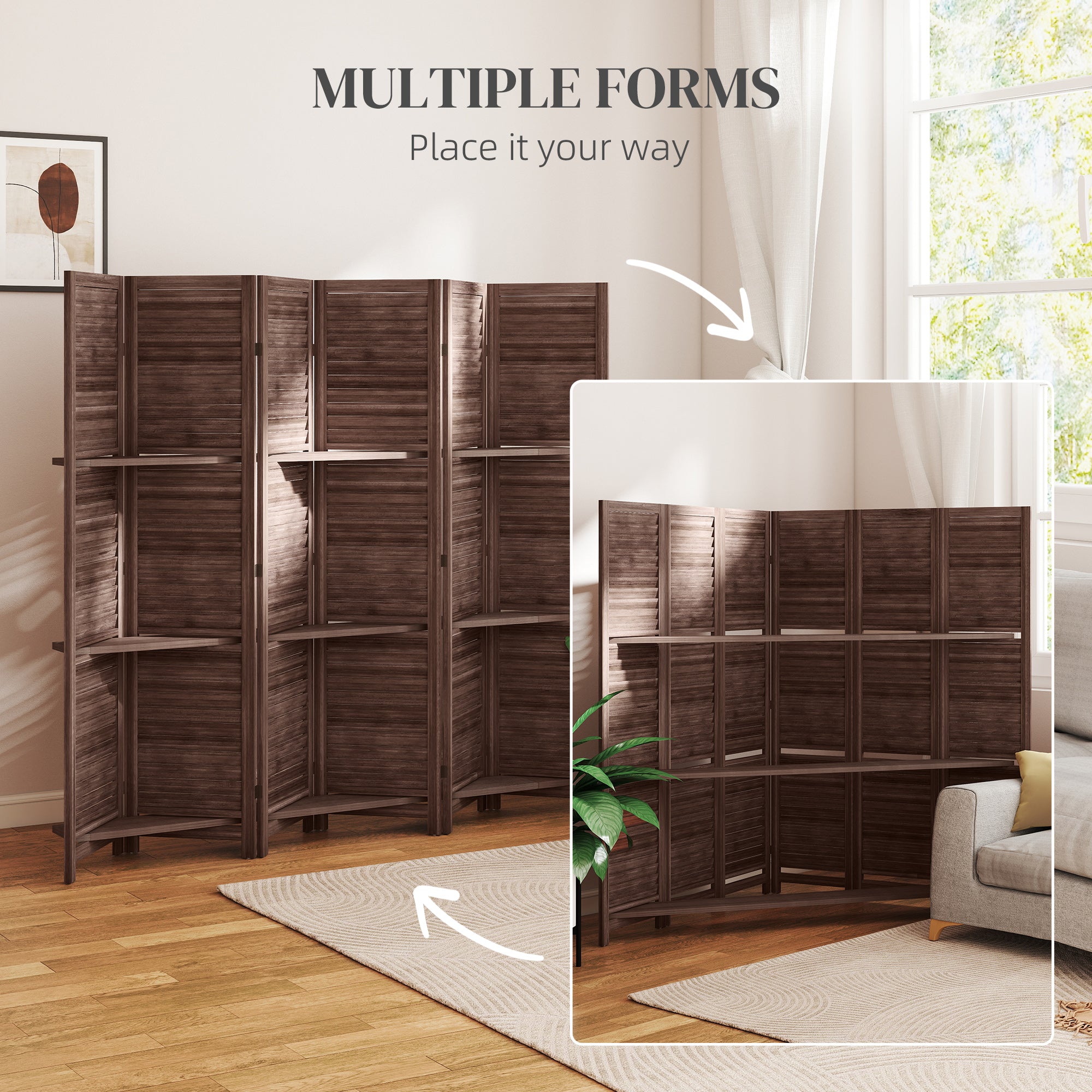 Room Divider, 6 Panel 67" Tall Wood Privacy Screen with 3 Display Shelves, and Folding Storage for Bedroom or Home Office, Walnut