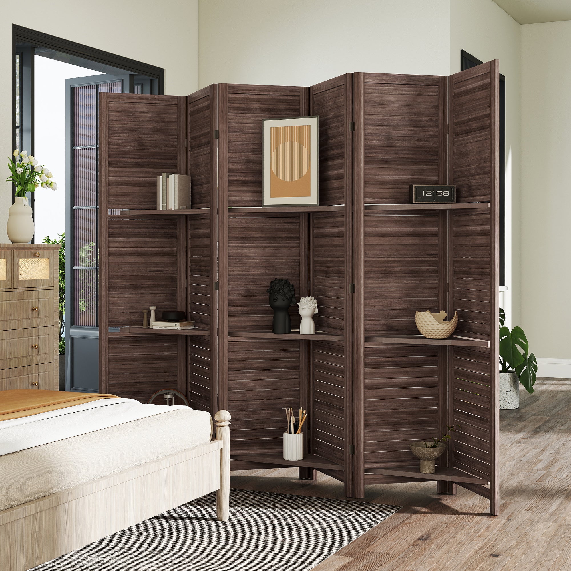 Room Divider, 6 Panel 67" Tall Wood Privacy Screen with 3 Display Shelves, and Folding Storage for Bedroom or Home Office, Walnut