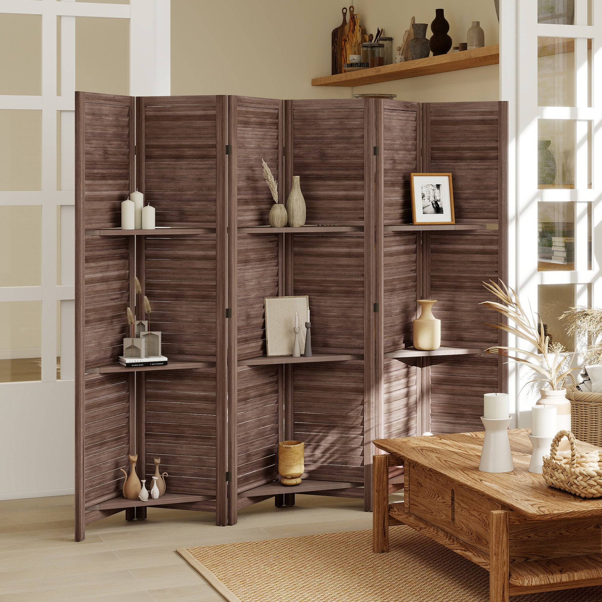 Room Divider, 6 Panel 67" Tall Wood Privacy Screen with 3 Display Shelves, and Folding Storage for Bedroom or Home Office, Walnut