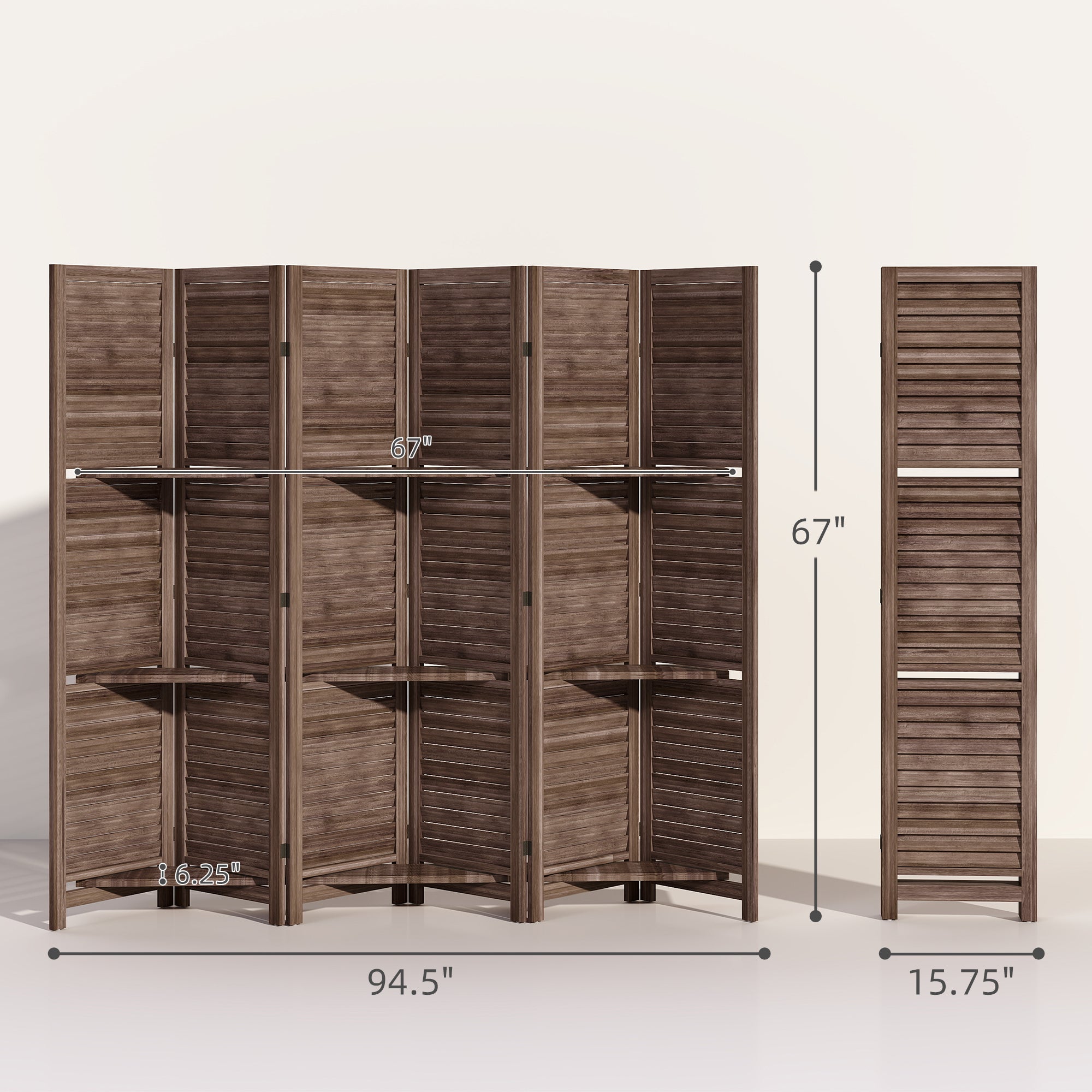 Room Divider, 6 Panel 67" Tall Wood Privacy Screen with 3 Display Shelves, and Folding Storage for Bedroom or Home Office, Walnut