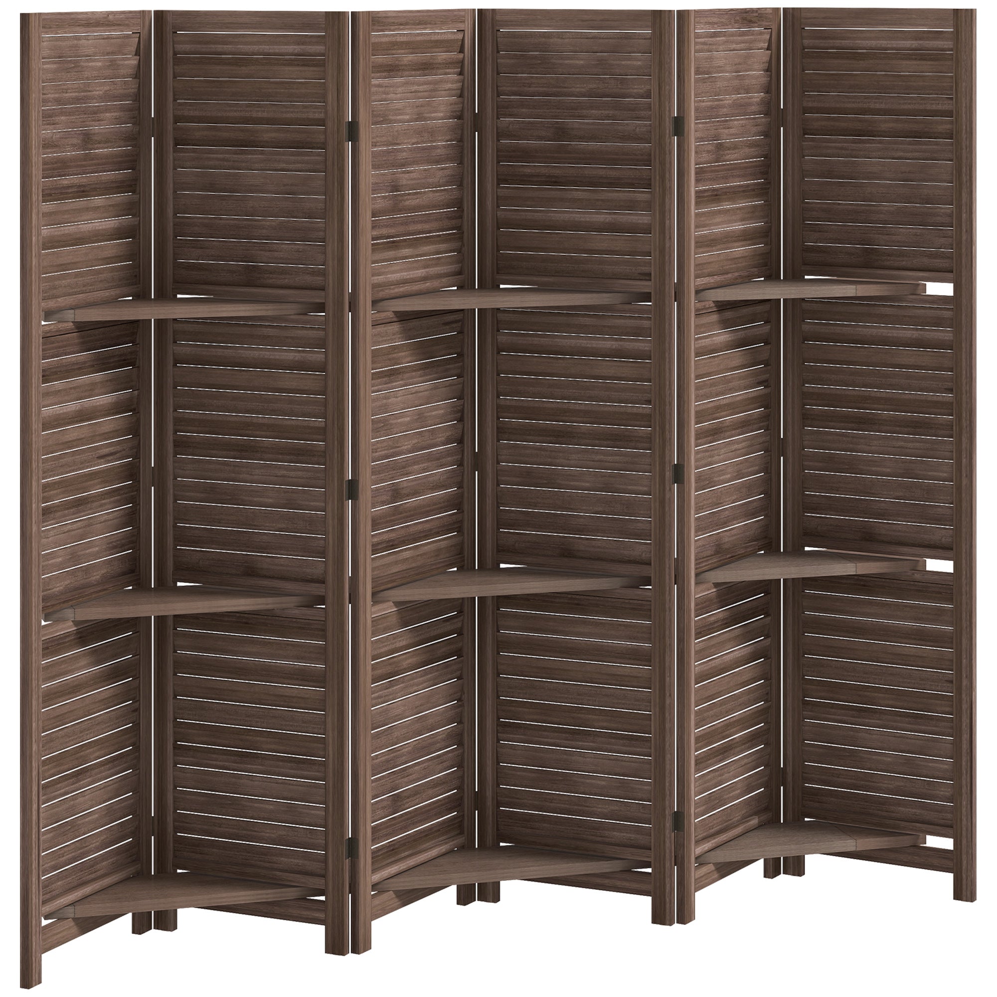 Room Divider, 6 Panel 67" Tall Wood Privacy Screen with 3 Display Shelves, and Folding Storage for Bedroom or Home Office, Walnut
