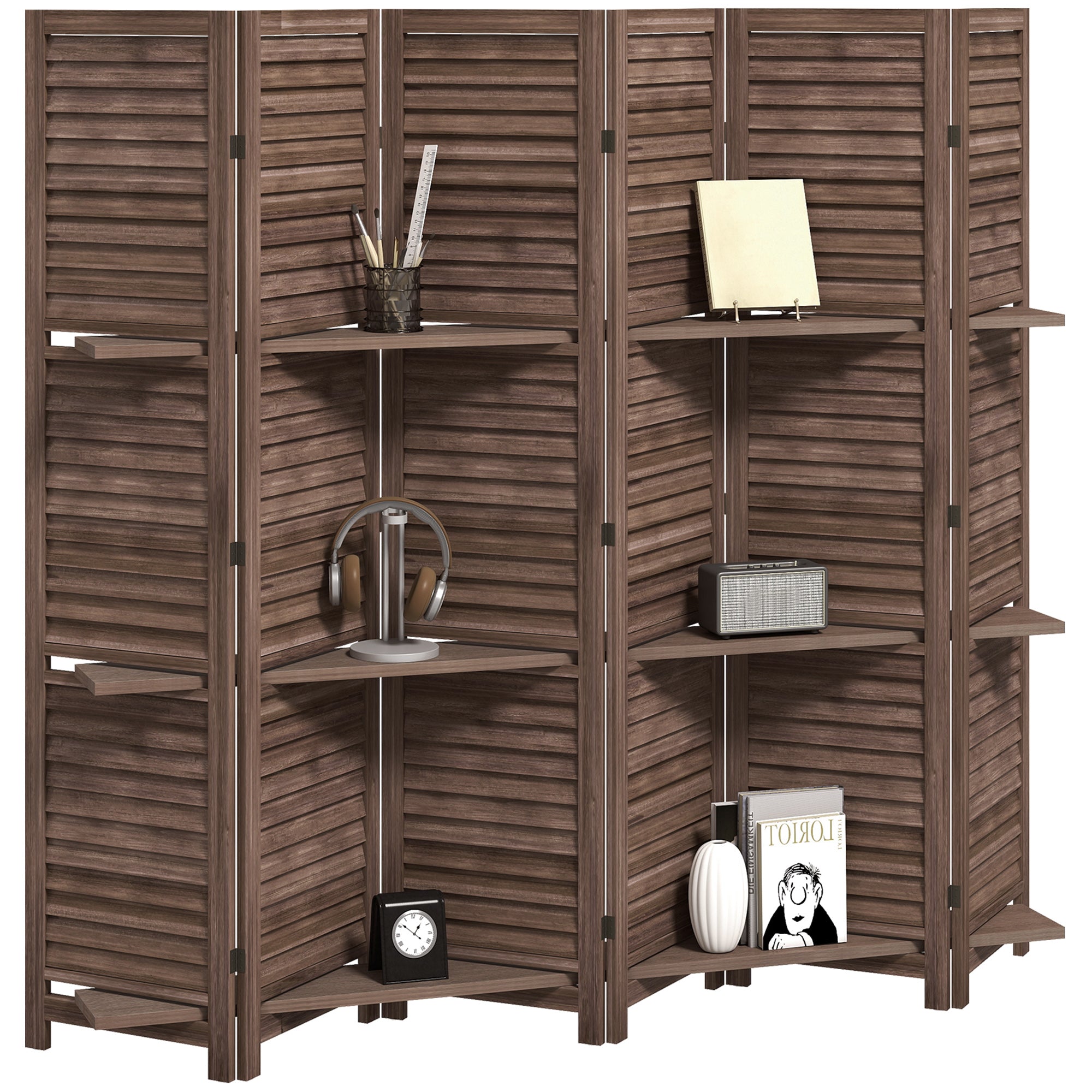 Room Divider, 6 Panel 67" Tall Wood Privacy Screen with 3 Display Shelves, and Folding Storage for Bedroom or Home Office, Walnut