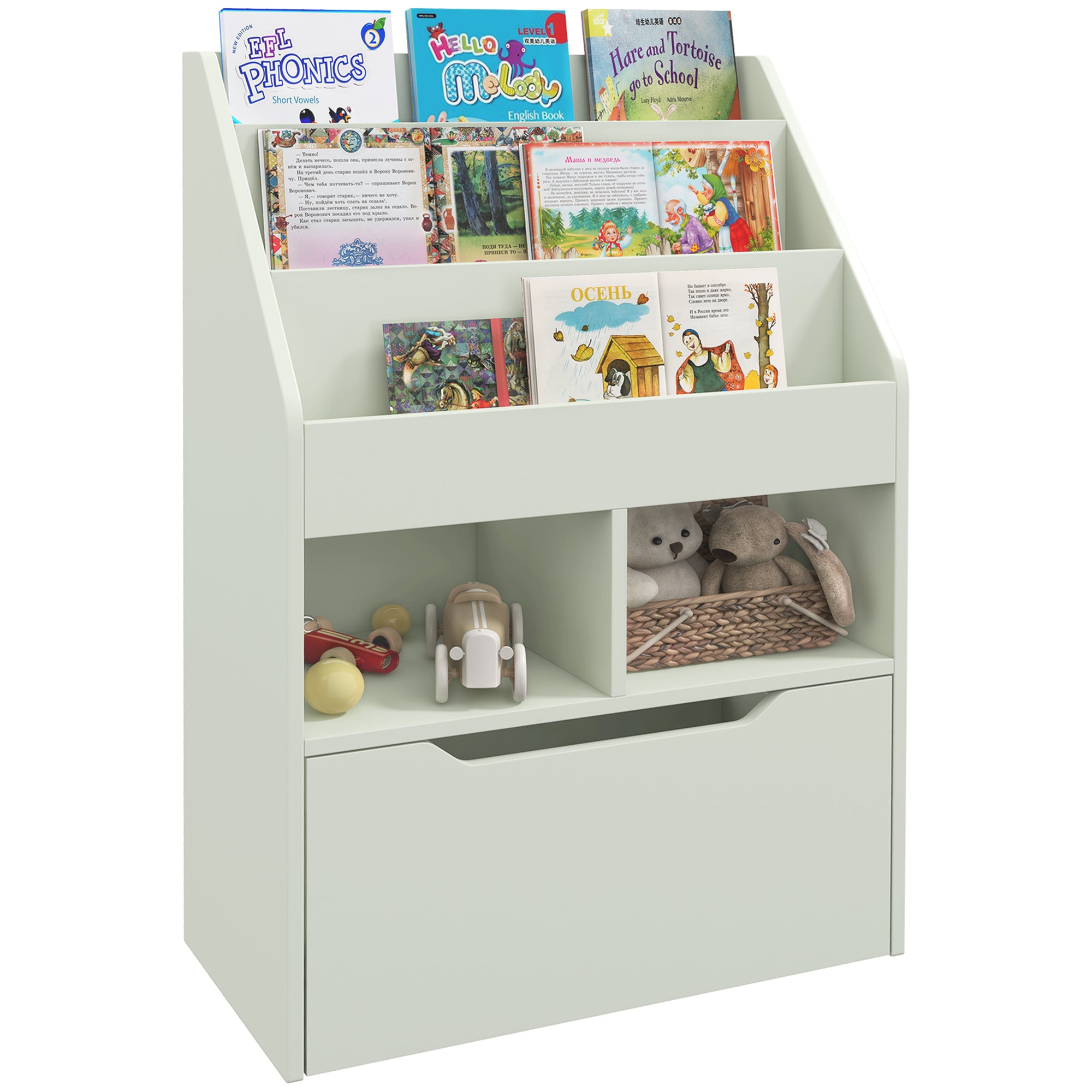 Kids Bookcase Multi-Shelf Book Rack with Mobile Drawer for Books, Toys, Pale Green