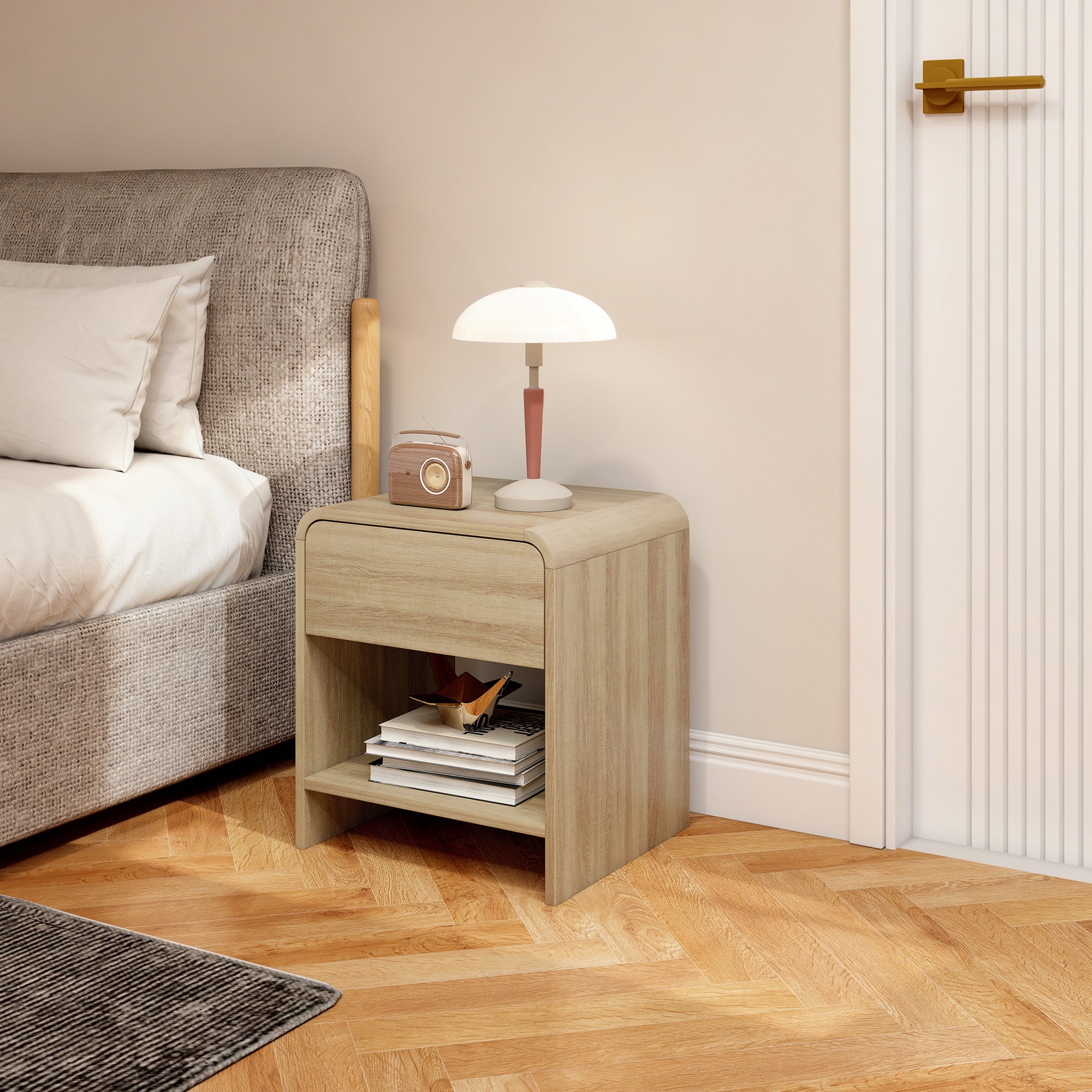 Bedside Tables Set of 2, Modern Nightstands with Rounded Corners, Space-Saving Side Table with Drawer and Open Shelf for Living Room, Bedroom, Natural Wood