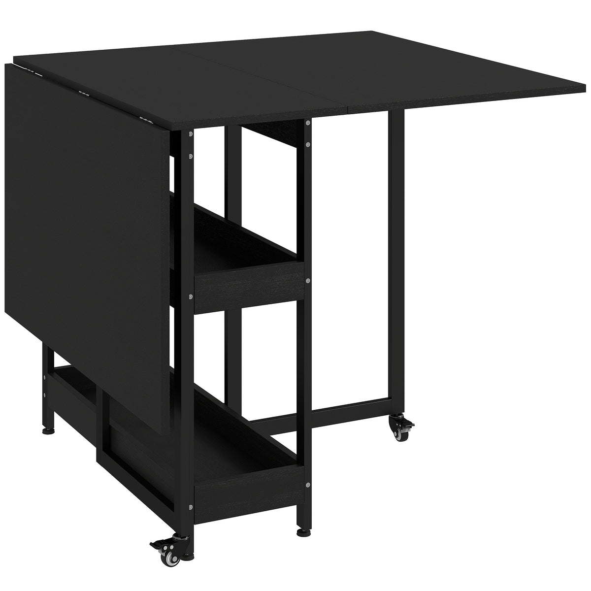 Folding Dining Table for 4, Space-Saving Drop-Leaf Kitchen Table with Storage Shelves and Wheels for Small Spaces, Dining Room or Kitchen, Black