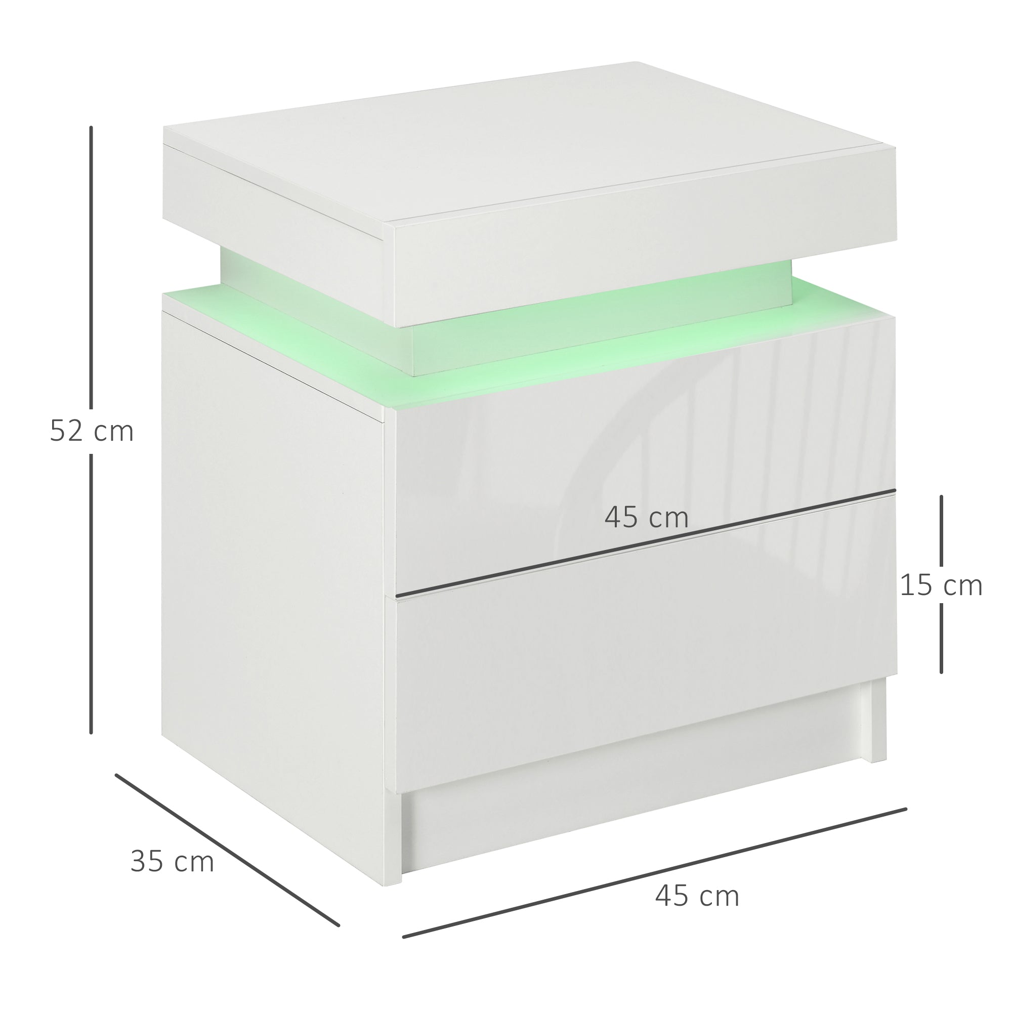 HOMCOM High Gloss Front Bedside Table, Nightstand with RGB LED Light, 2 Drawers Chest of Drawers, White, for Bedroom, Living Room