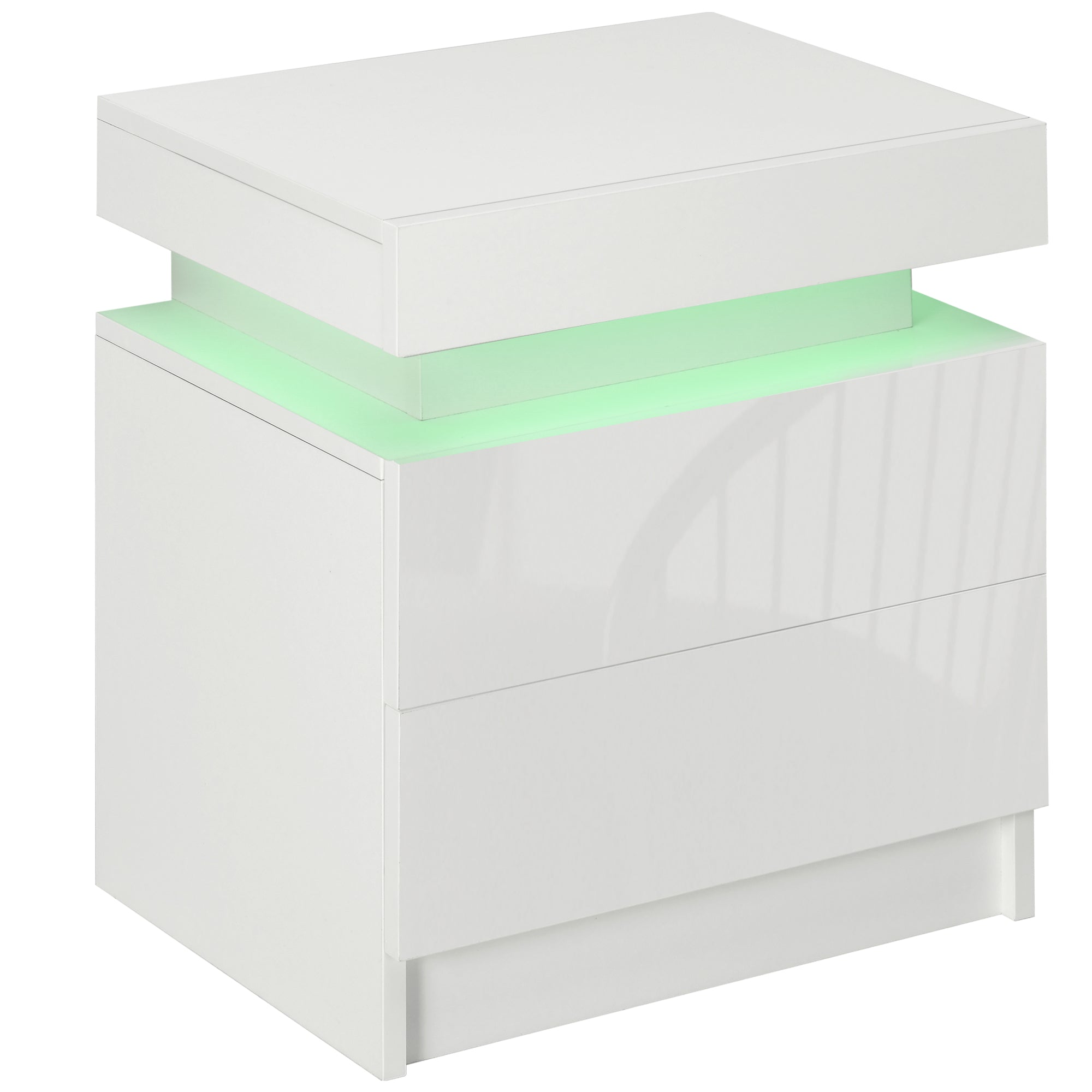 HOMCOM High Gloss Front Bedside Table, Nightstand with RGB LED Light, 2 Drawers Chest of Drawers, White, for Bedroom, Living Room