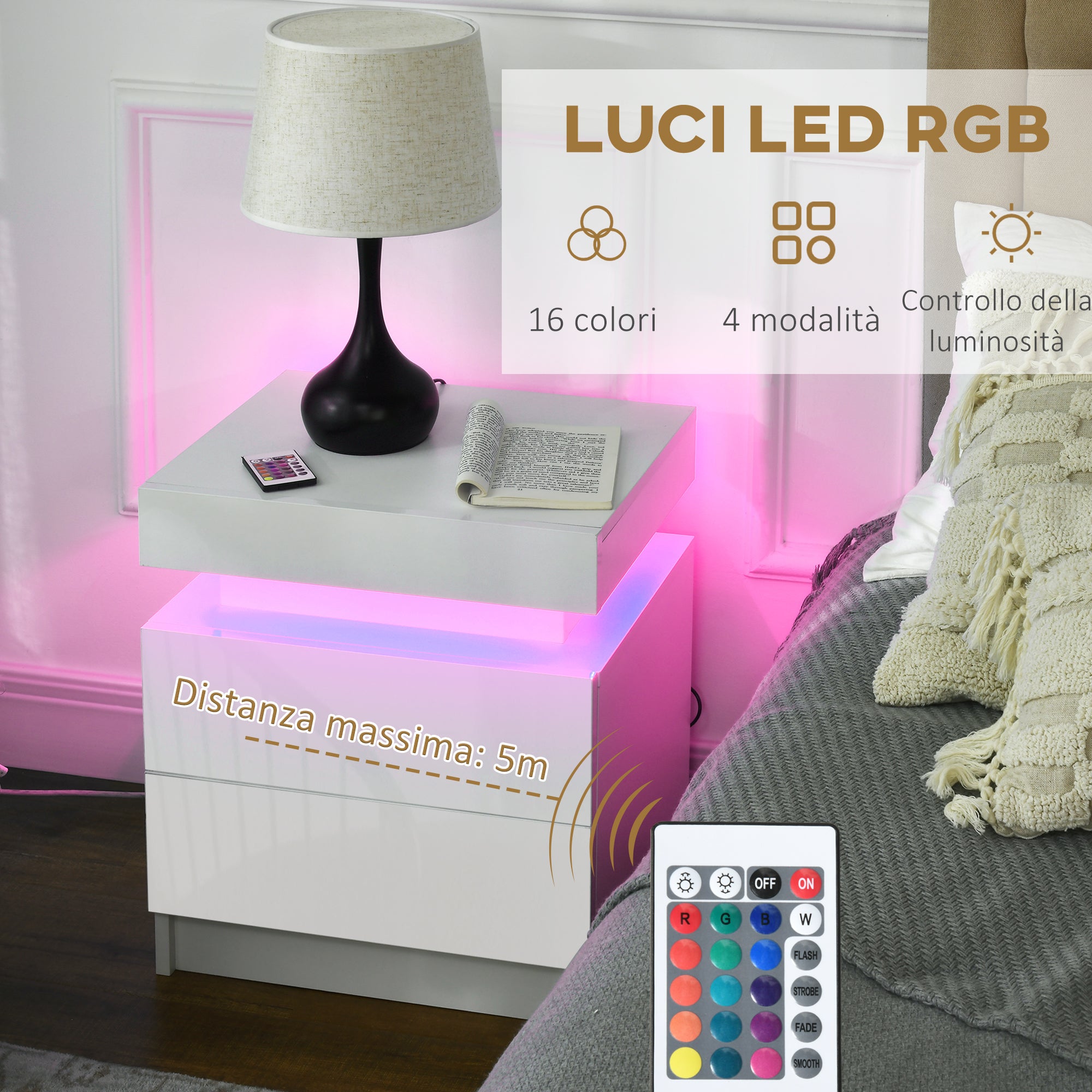 HOMCOM High Gloss Front Bedside Table, Nightstand with RGB LED Light, 2 Drawers Chest of Drawers, White, for Bedroom, Living Room