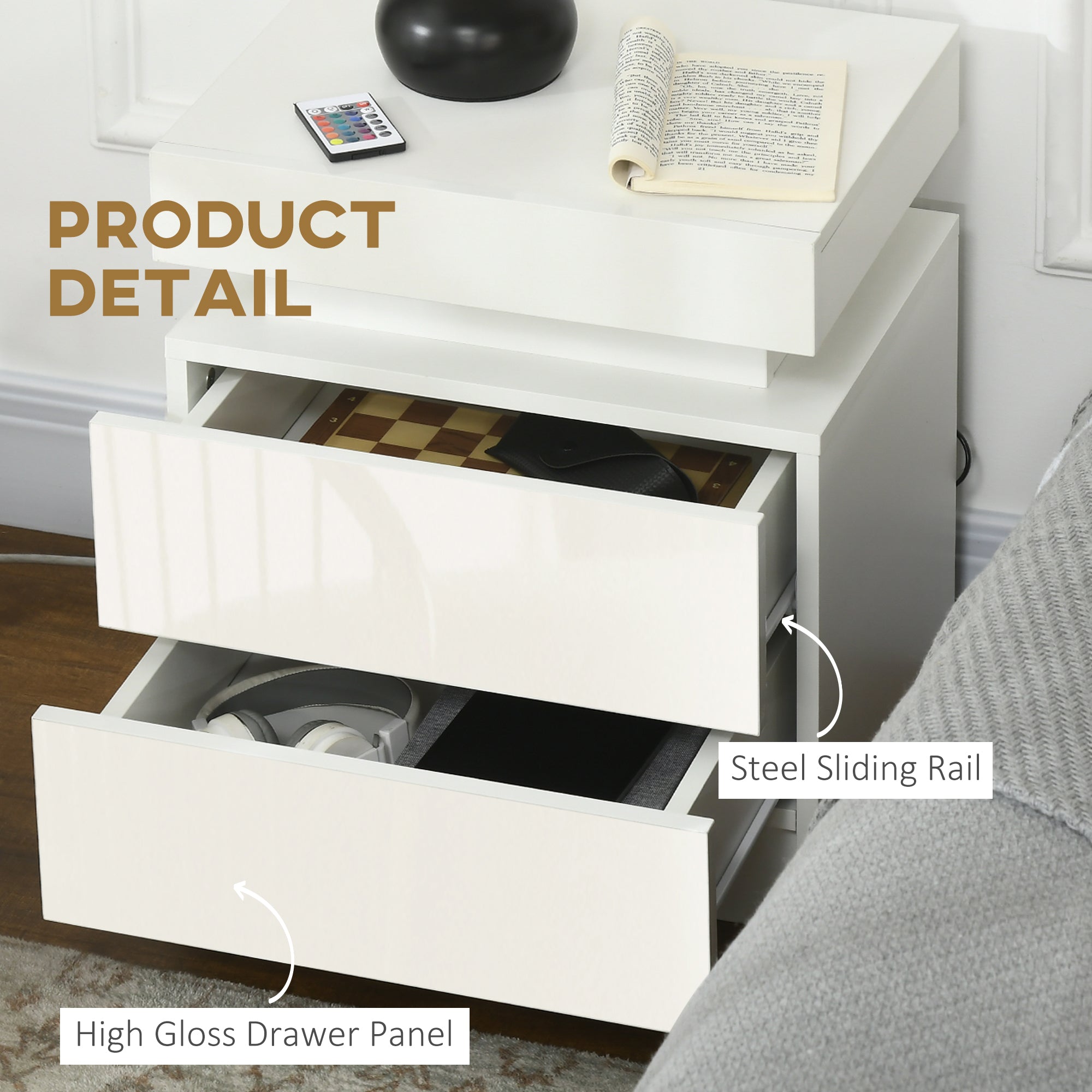HOMCOM High Gloss Front Bedside Table, Nightstand with RGB LED Light, 2 Drawers Chest of Drawers, White, for Bedroom, Living Room