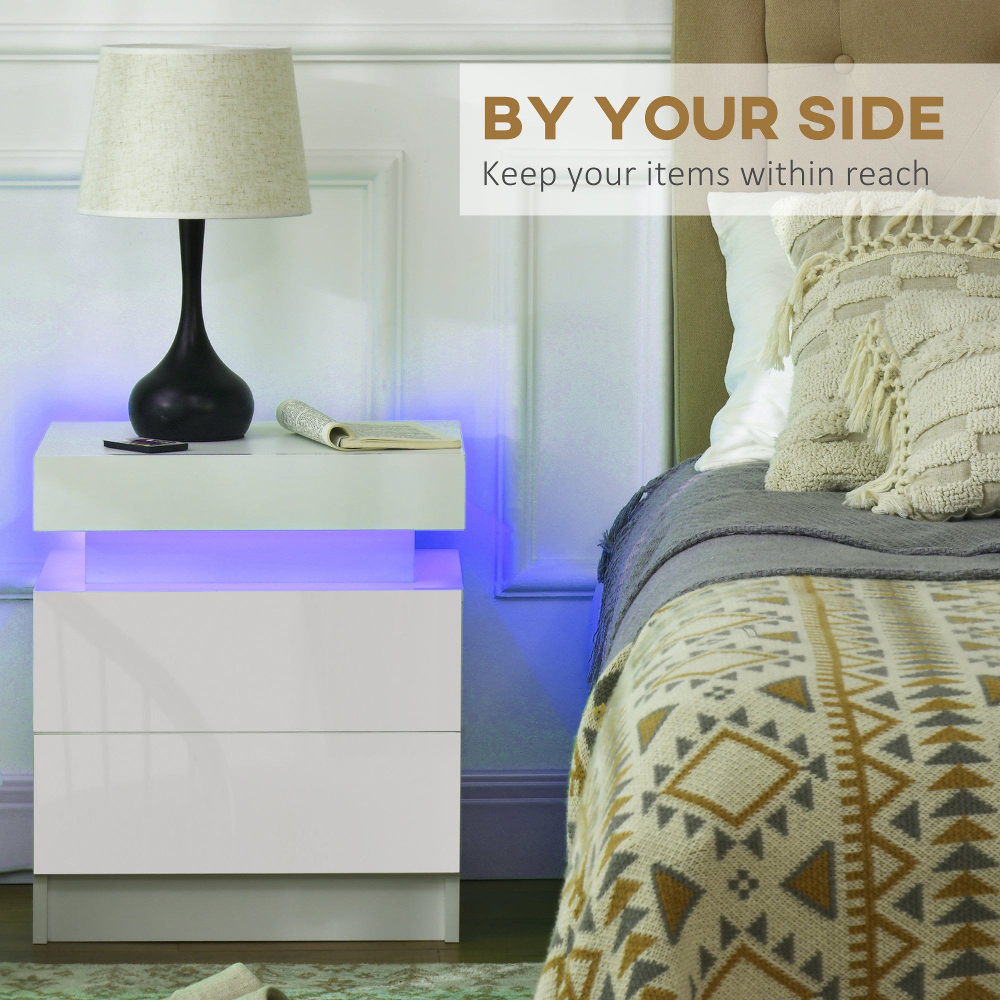 HOMCOM High Gloss Front Bedside Table, Nightstand with RGB LED Light, 2 Drawers Chest of Drawers, White, for Bedroom, Living Room