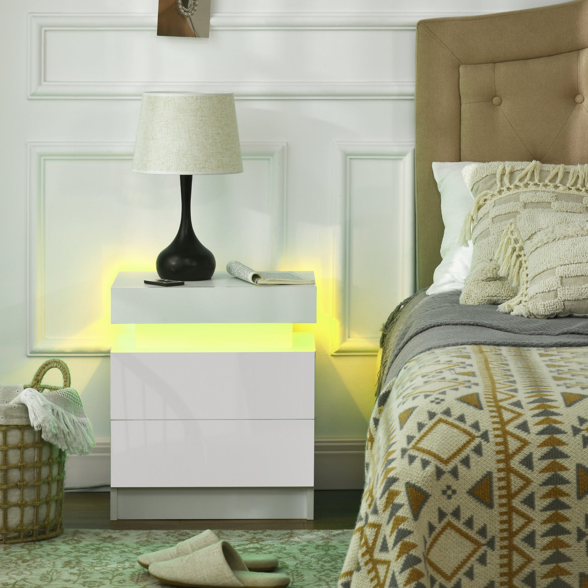 HOMCOM High Gloss Front Bedside Table, Nightstand with RGB LED Light, 2 Drawers Chest of Drawers, White, for Bedroom, Living Room